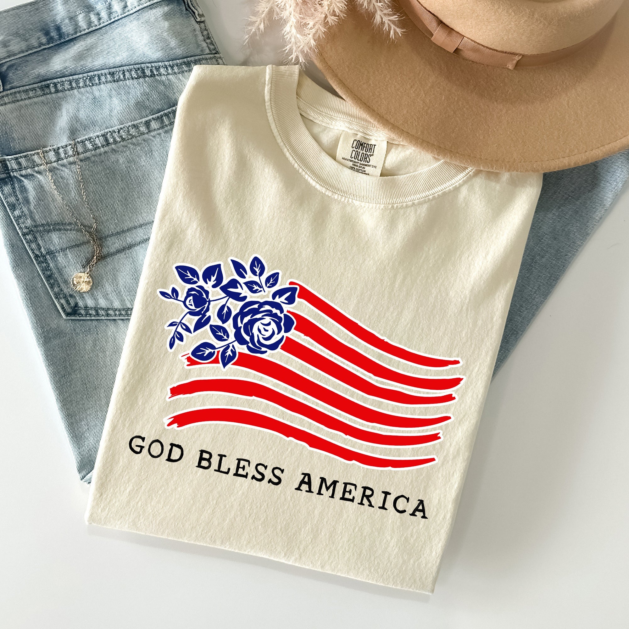 God Bless America Flower Flag Patriotic Design For Freedom And Country Pride Comfort Colors Tee