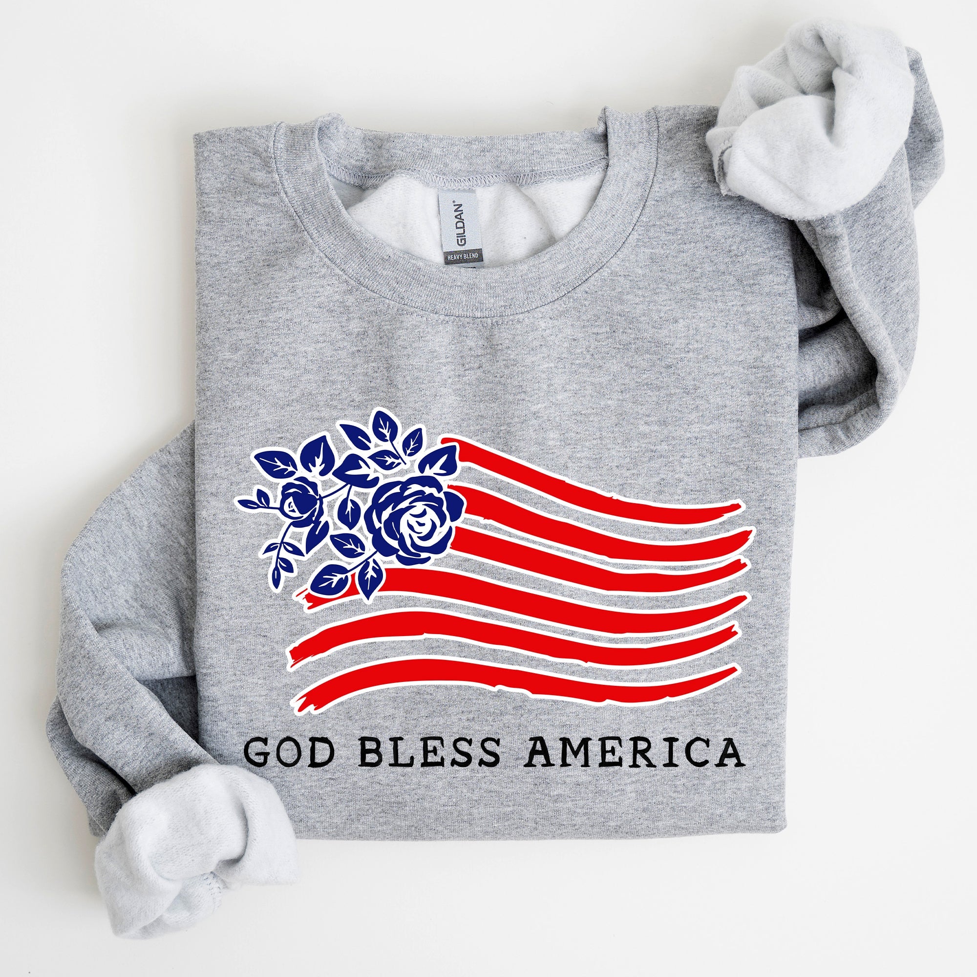 God Bless America Flower Flag 4th Of July Patriotic Floral Pattern Vintage Style Sweatshirt