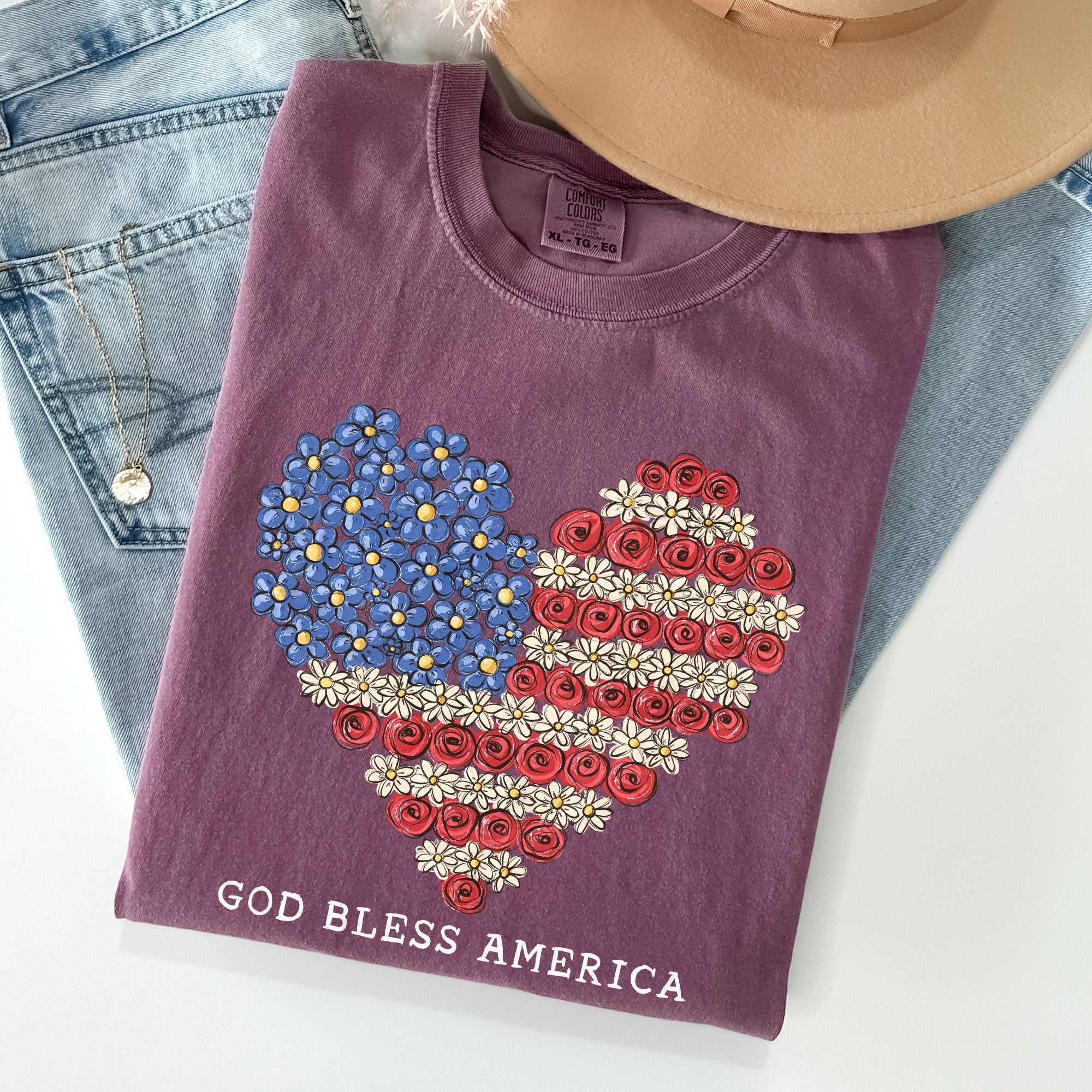 God Bless America Flowers Flag Heart Patriotic Vintage Graphic Comfort Colors Tee