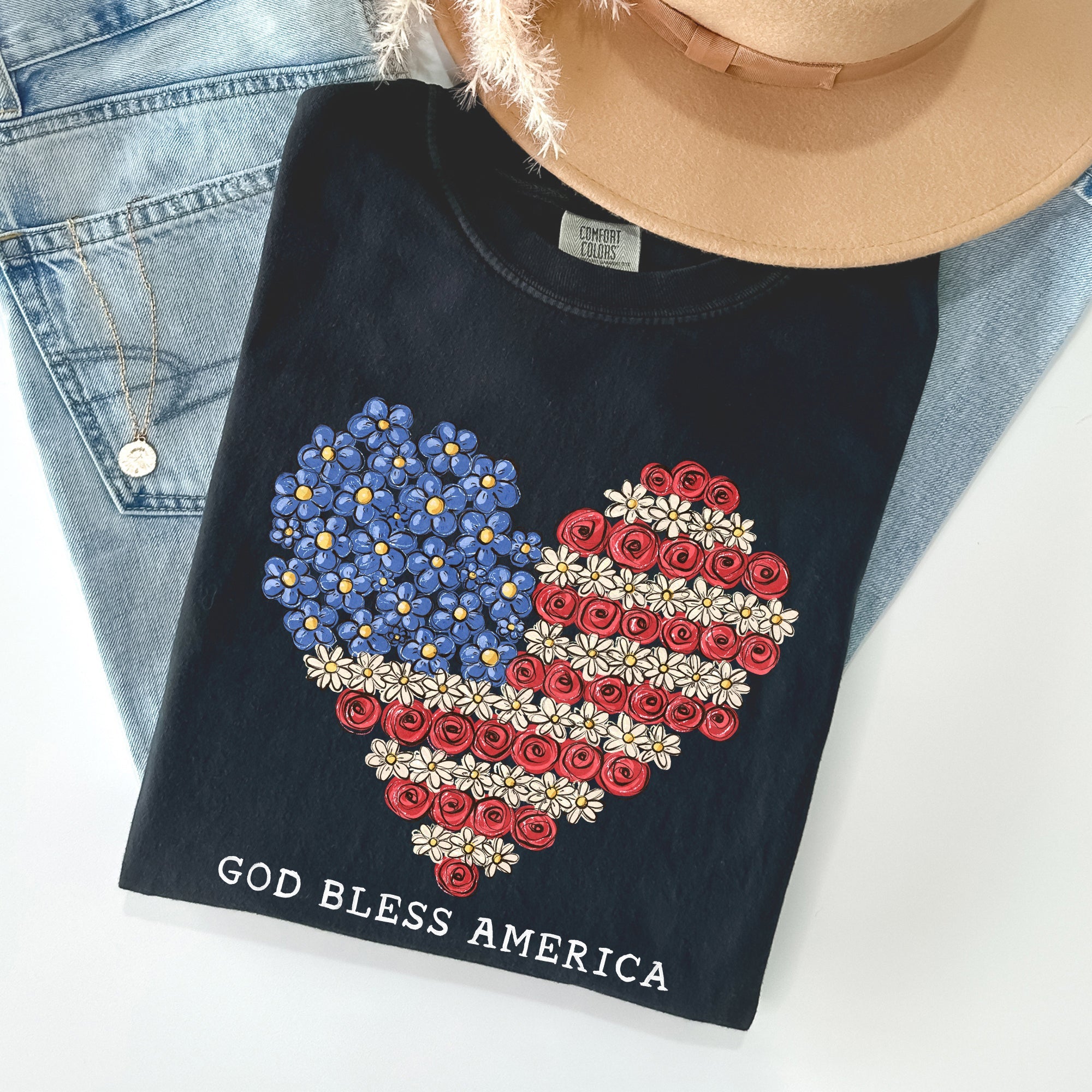 God Bless America Flowers Flag Heart Patriotic Vintage Graphic Comfort Colors Tee