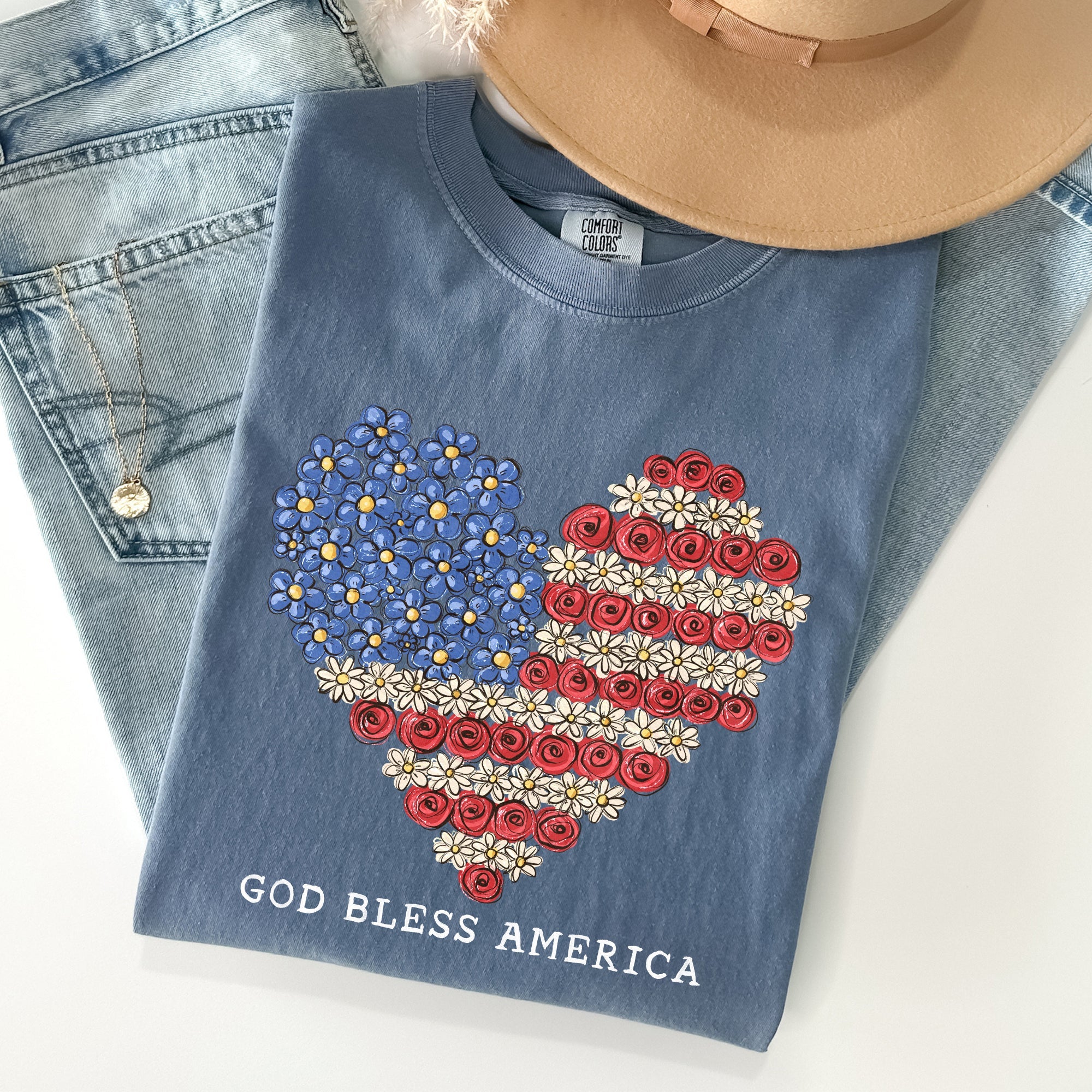 God Bless America Flowers Flag Heart Patriotic Vintage Graphic Comfort Colors Tee