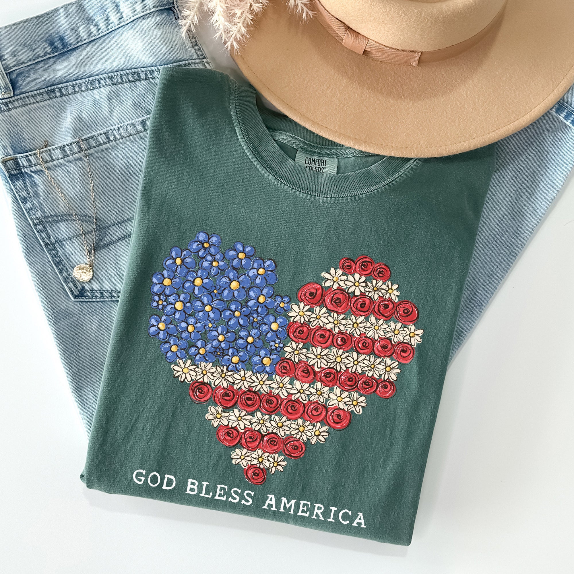 God Bless America Flowers Flag Heart Patriotic Vintage Graphic Comfort Colors Tee