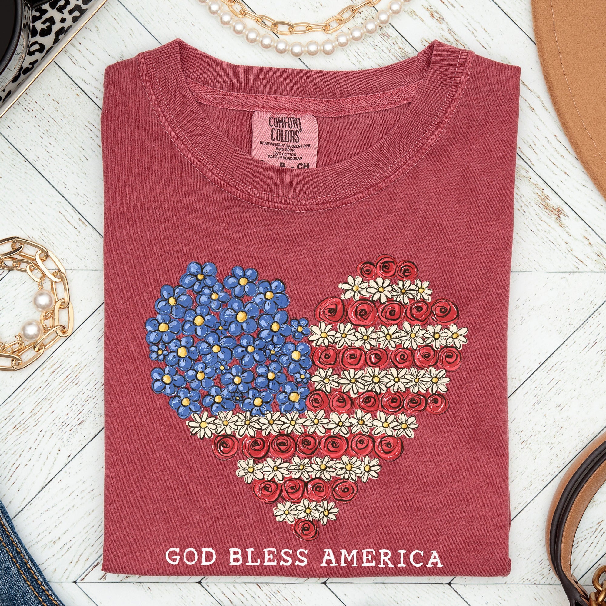 God Bless America Flowers Flag Heart Patriotic Vintage Graphic Comfort Colors Tee