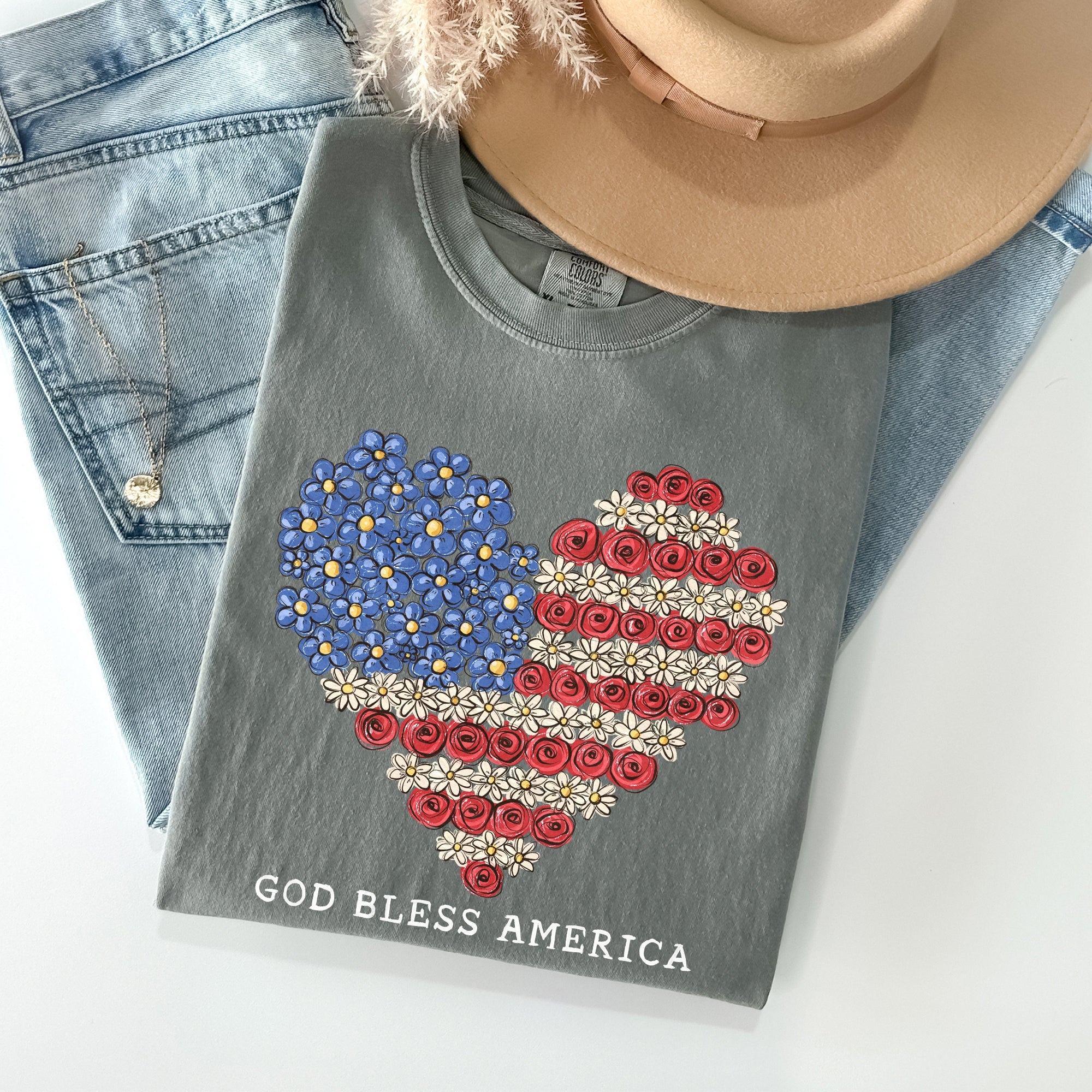 God Bless America Flowers Flag Heart Patriotic Vintage Graphic Comfort Colors Tee