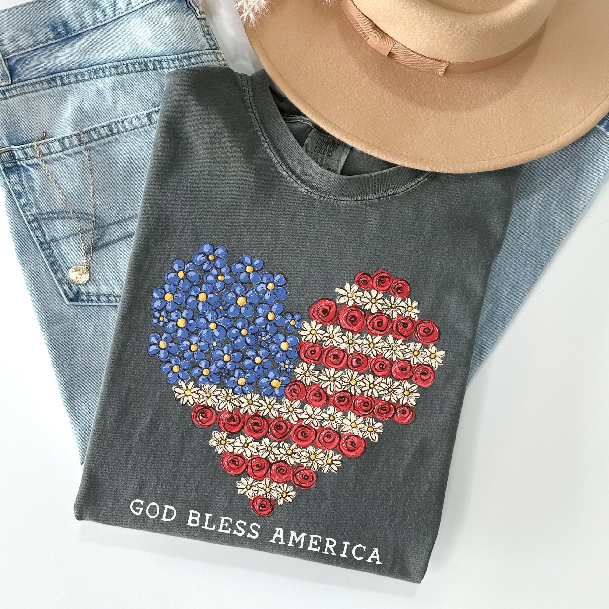 God Bless America Flowers Flag Heart Patriotic Vintage Graphic Comfort Colors Tee