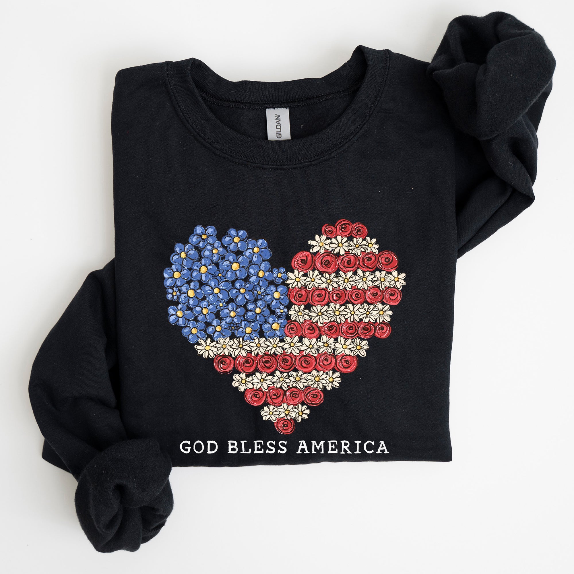 God Bless America Flowers Flag Heart Patriotic Floral Emblem Cozy Cotton Vintage Heritage Sweatshirt