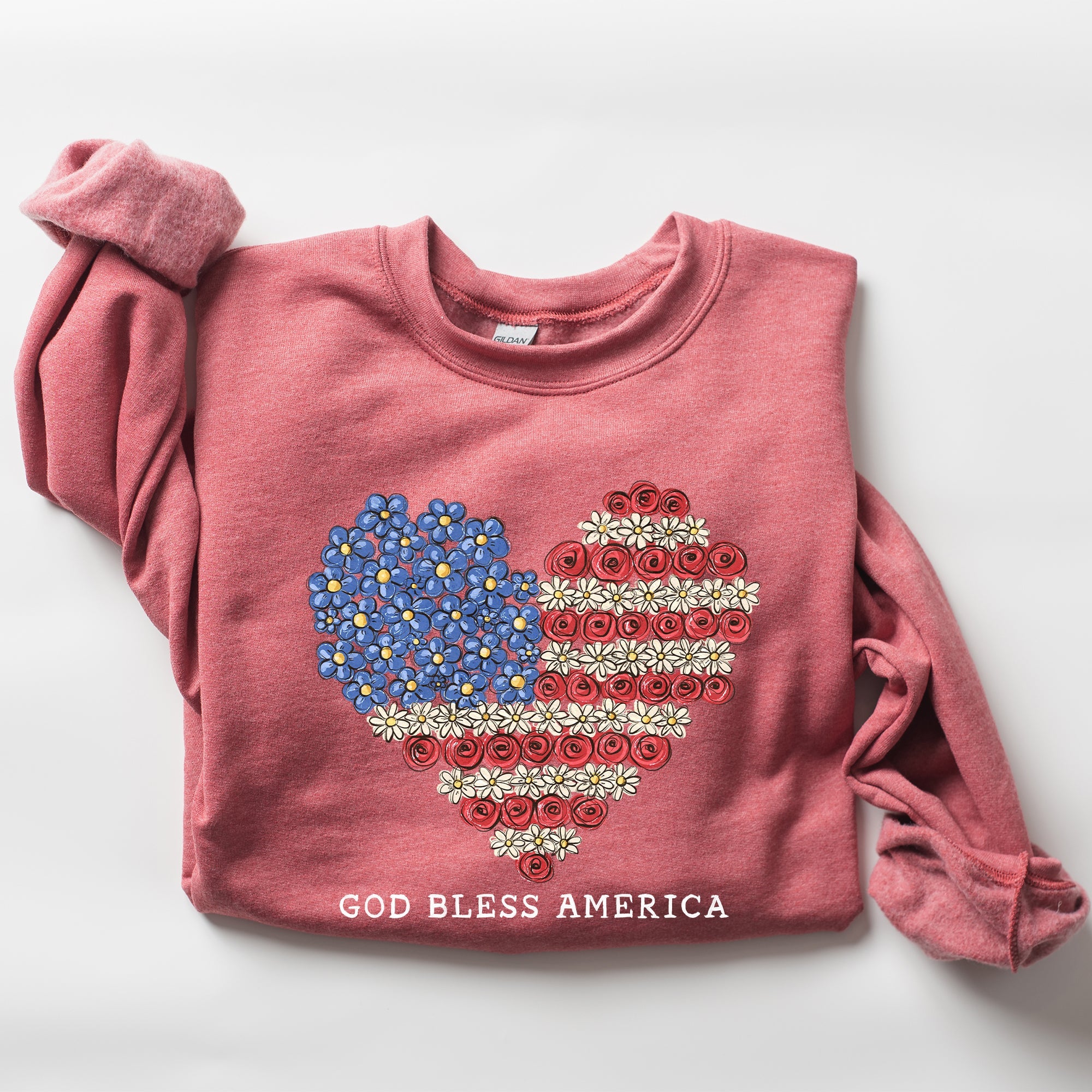 God Bless America Flowers Flag Heart Patriotic Floral Emblem Cozy Cotton Vintage Heritage Sweatshirt
