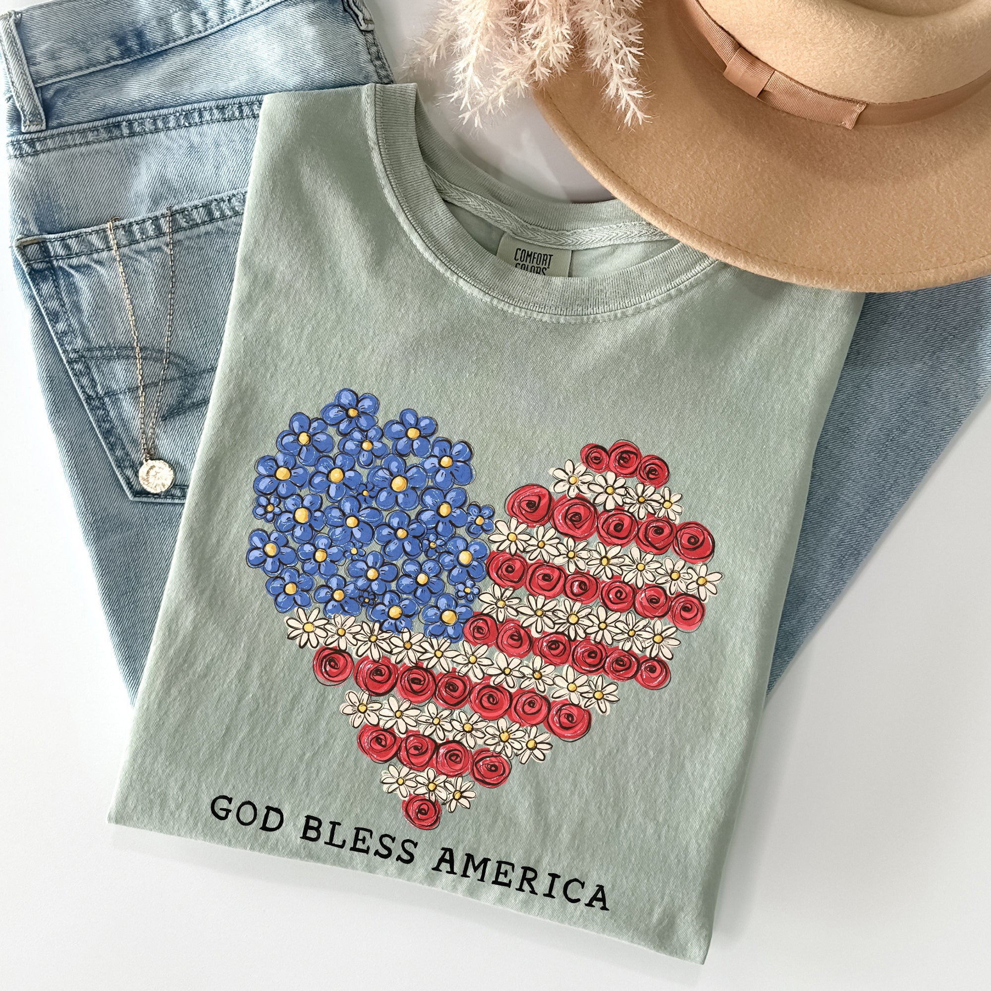 God Bless America Flowers Flag Heart Patriotic Vintage Graphic Comfort Colors Tee