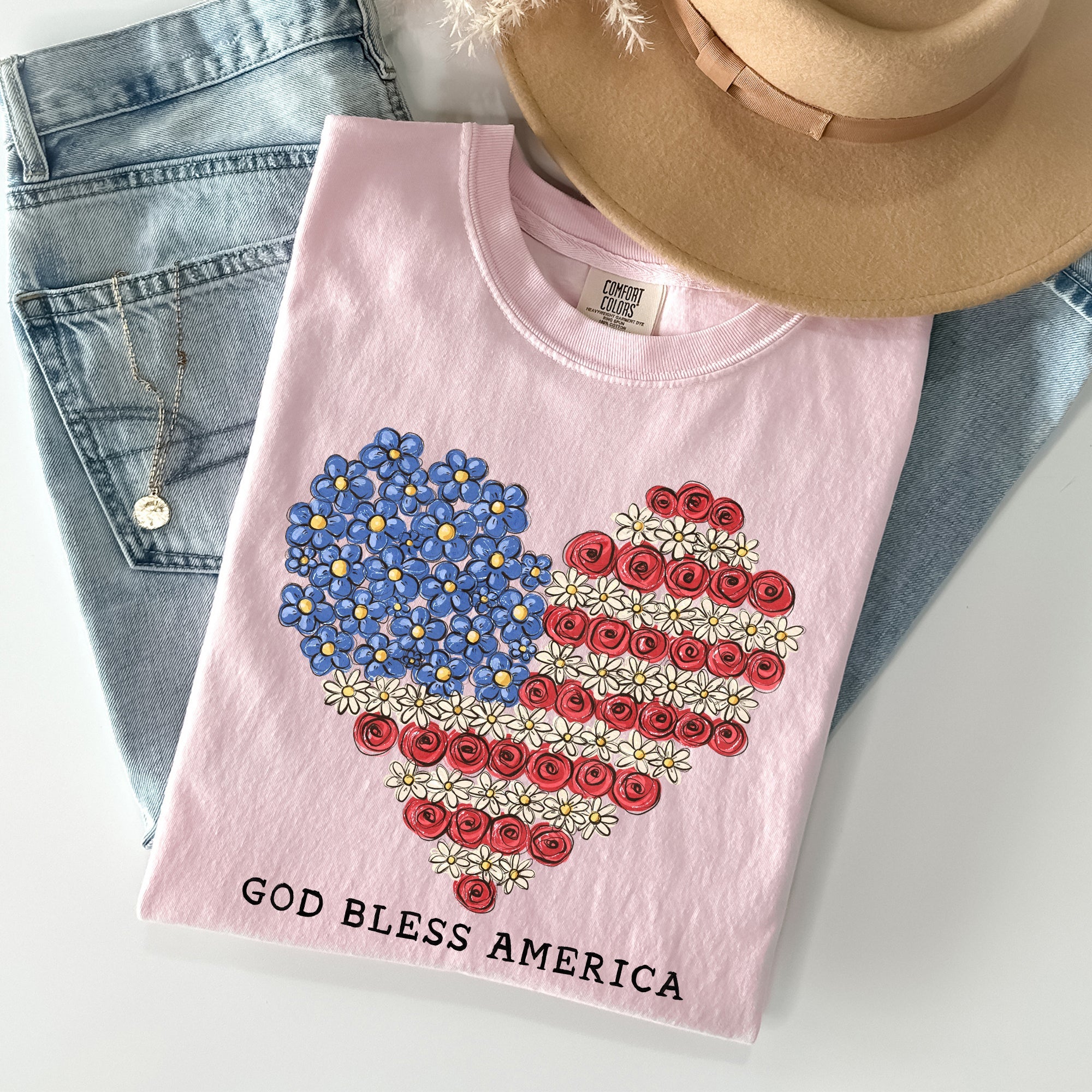 God Bless America Flowers Flag Heart Patriotic Vintage Graphic Comfort Colors Tee