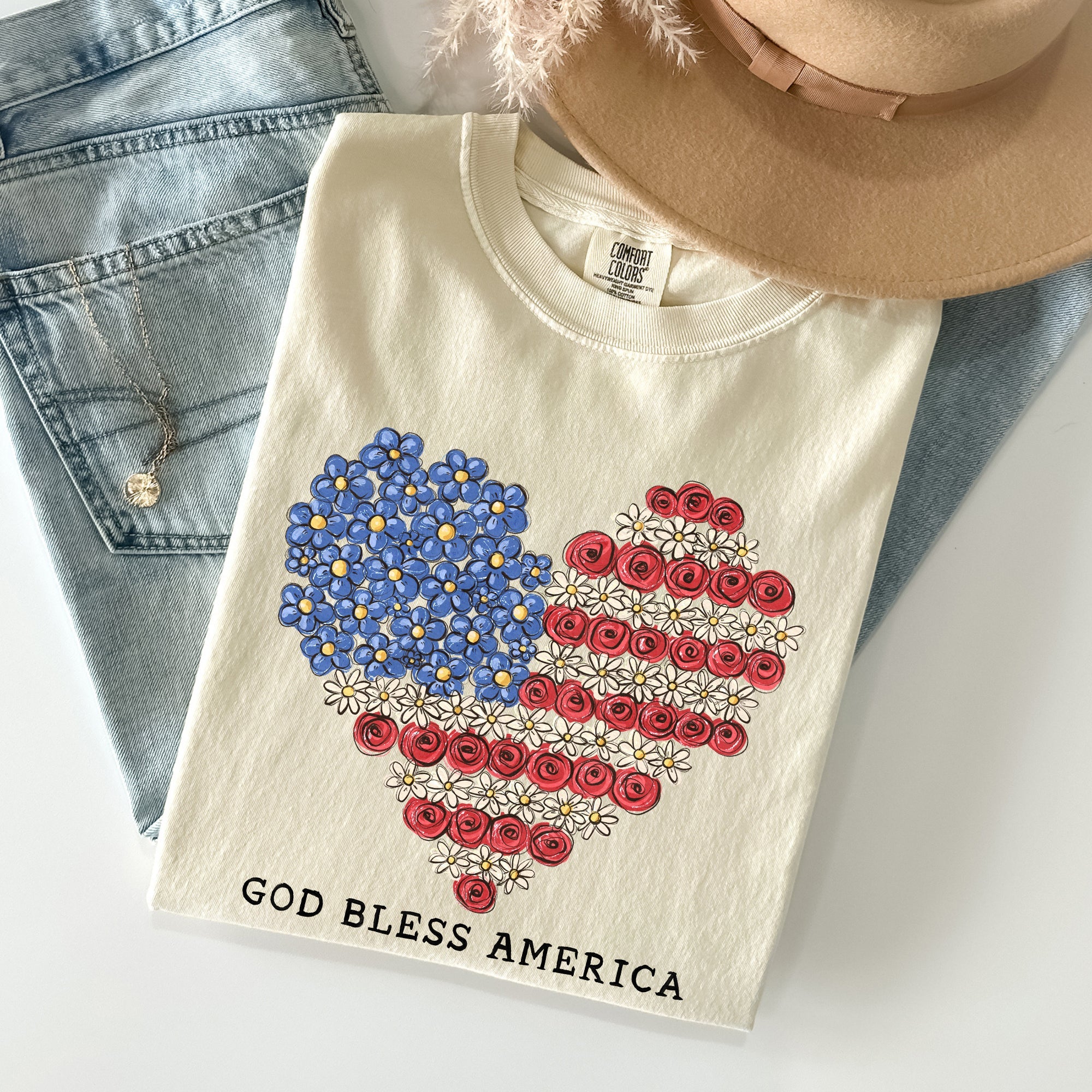 God Bless America Flowers Flag Heart Patriotic Vintage Graphic Comfort Colors Tee