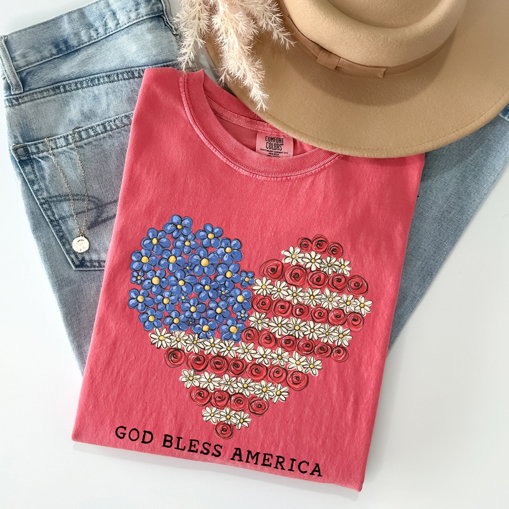 God Bless America Flowers Flag Heart Patriotic Vintage Graphic Comfort Colors Tee