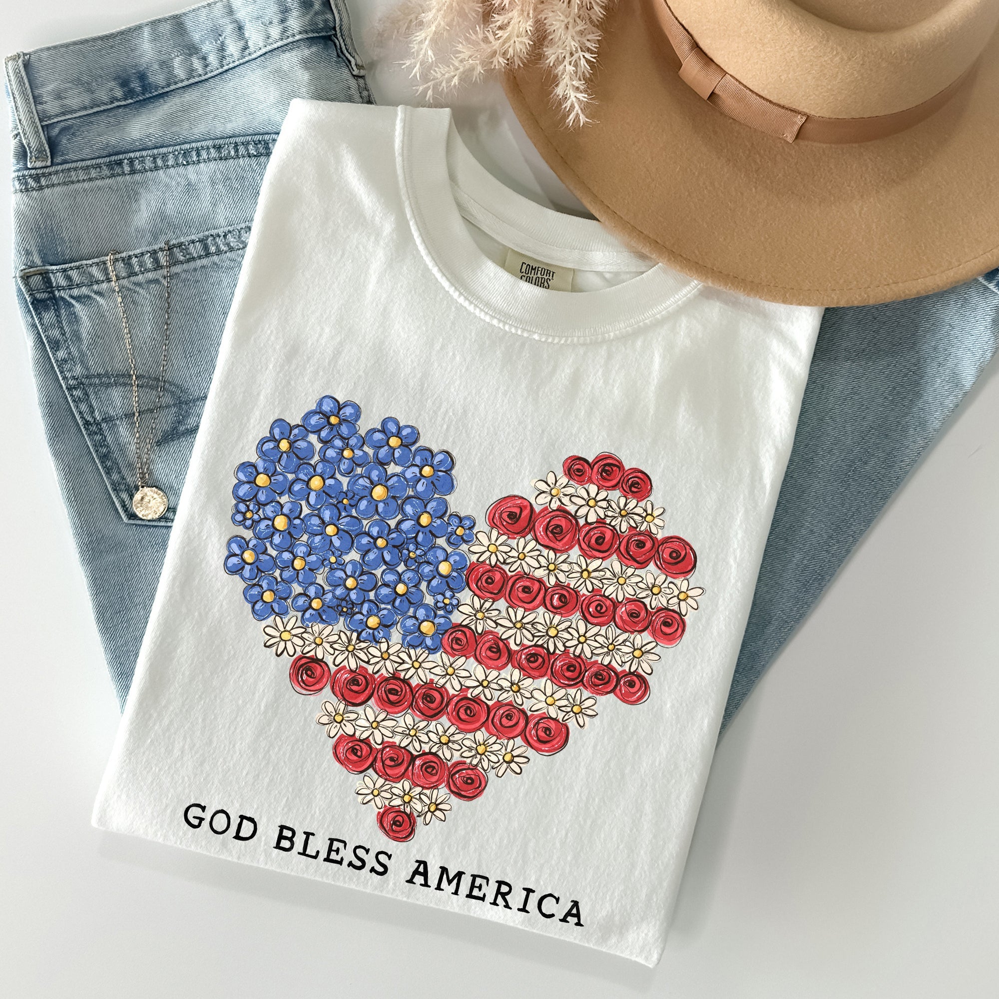God Bless America Flowers Flag Heart Patriotic Vintage Graphic Comfort Colors Tee