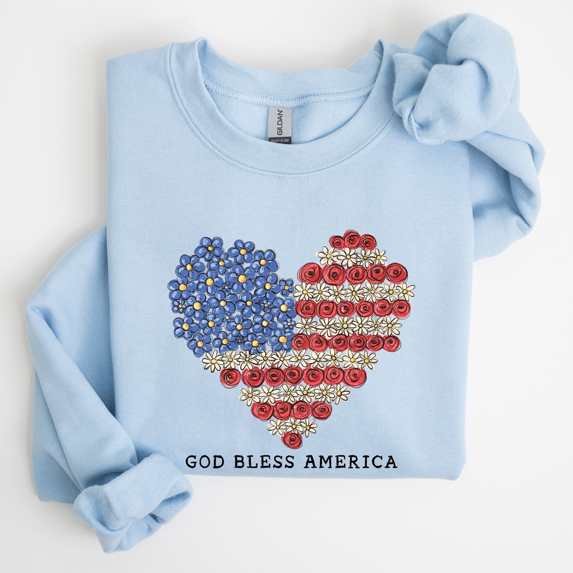 God Bless America Flowers Flag Heart Patriotic Floral Emblem Cozy Cotton Vintage Heritage Sweatshirt