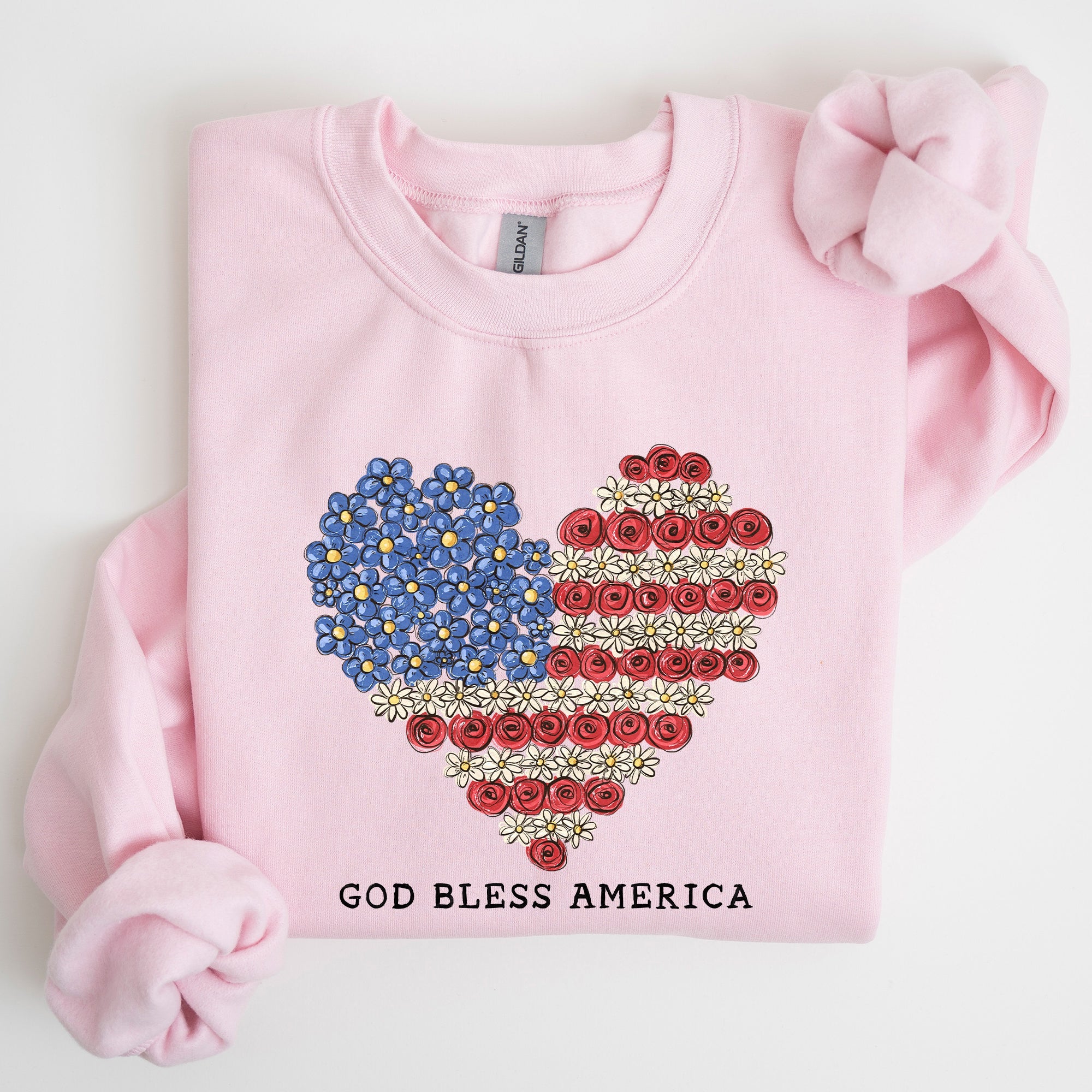 God Bless America Flowers Flag Heart Patriotic Floral Emblem Cozy Cotton Vintage Heritage Sweatshirt