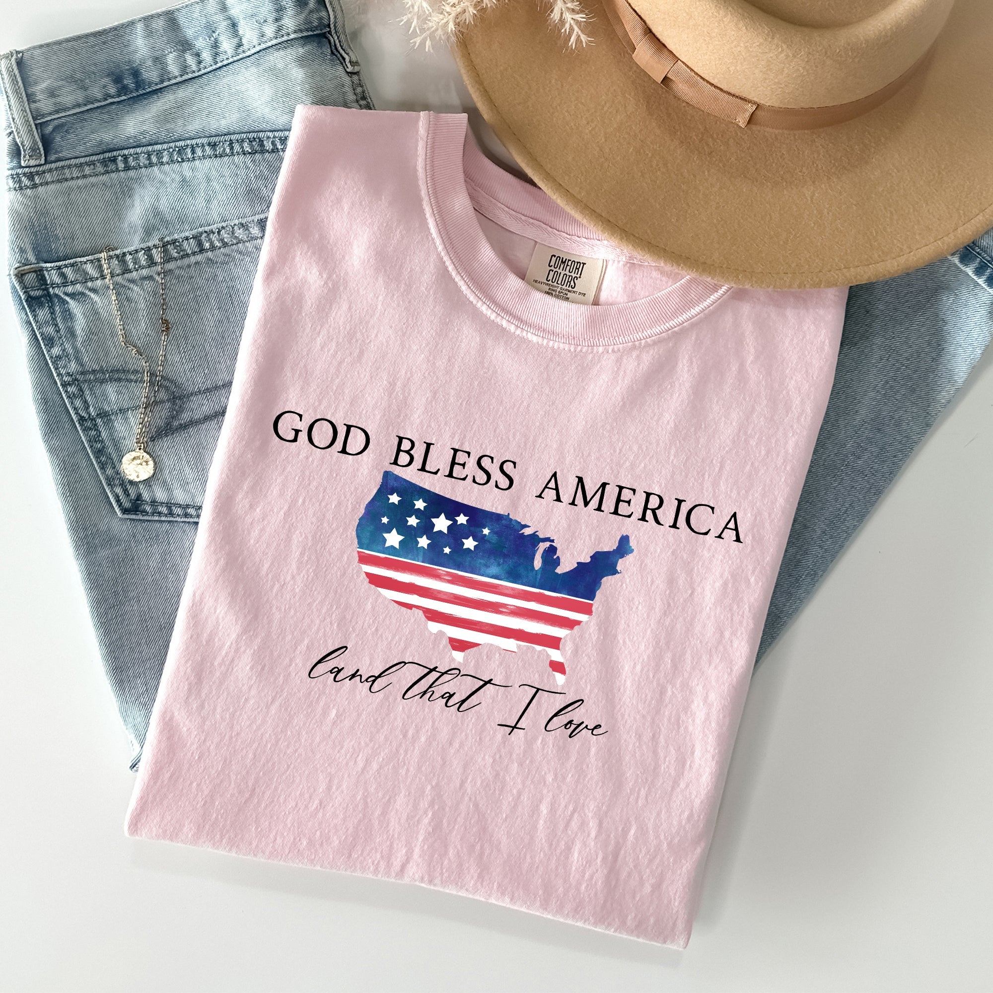 God Bless America, Land That I Love, USA Flag Proud American Patriot Comfort Colors Tee