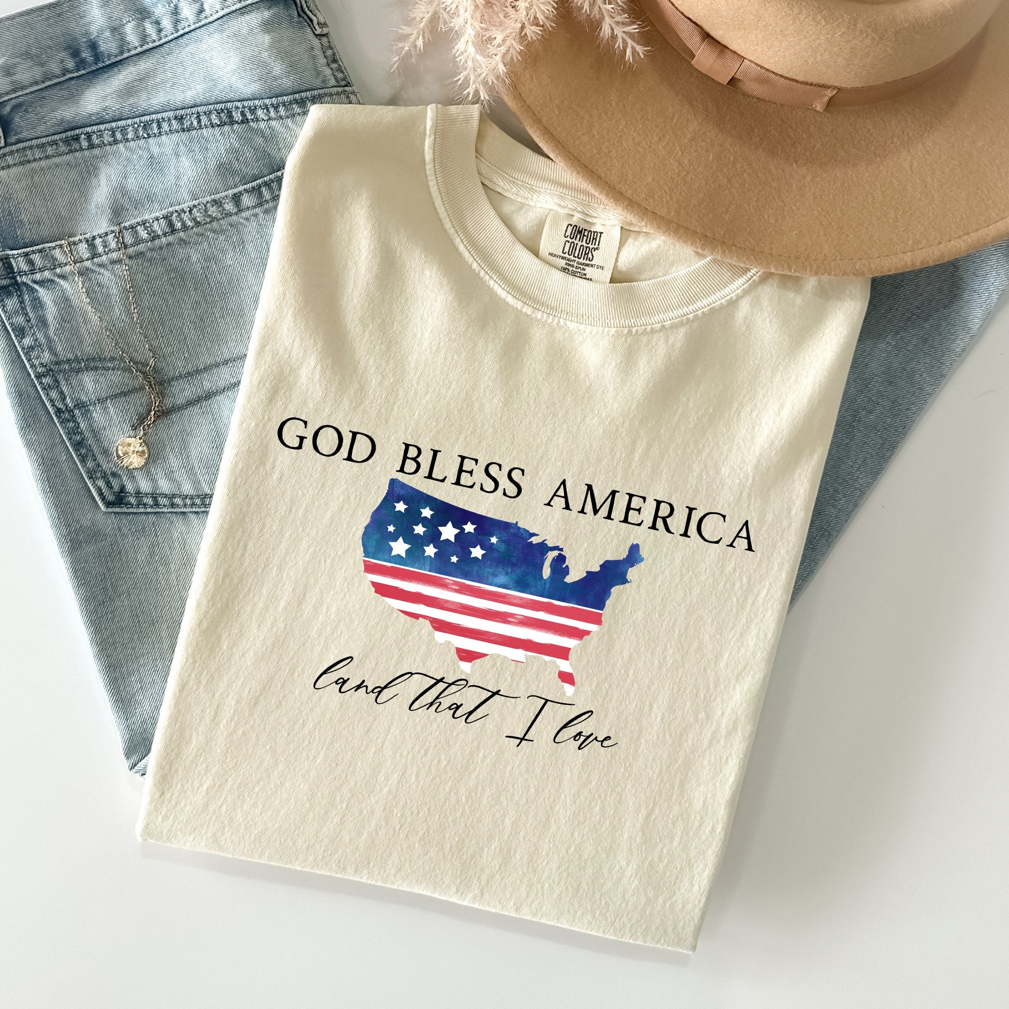 God Bless America, Land That I Love, USA Flag Proud American Patriot Comfort Colors Tee