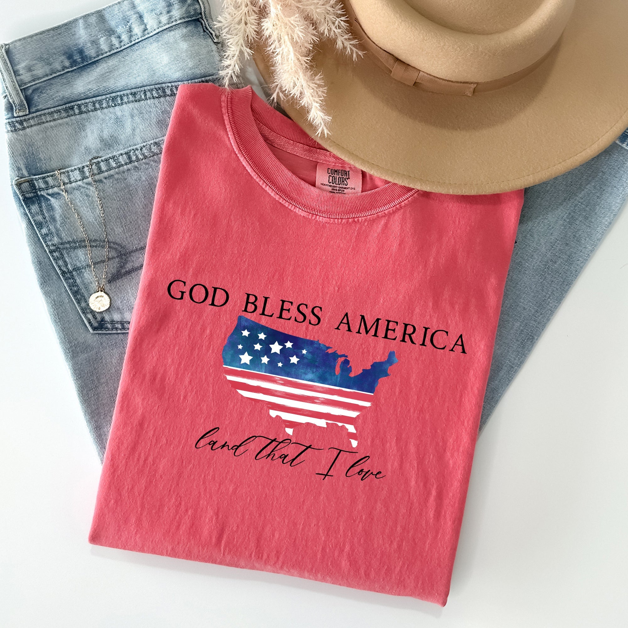 God Bless America, Land That I Love, USA Flag Proud American Patriot Comfort Colors Tee