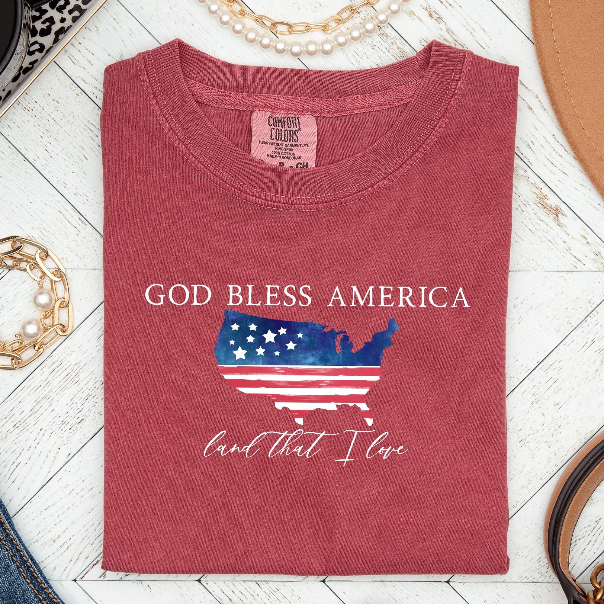 God Bless America, Land That I Love, USA Flag Proud American Patriot Comfort Colors Tee