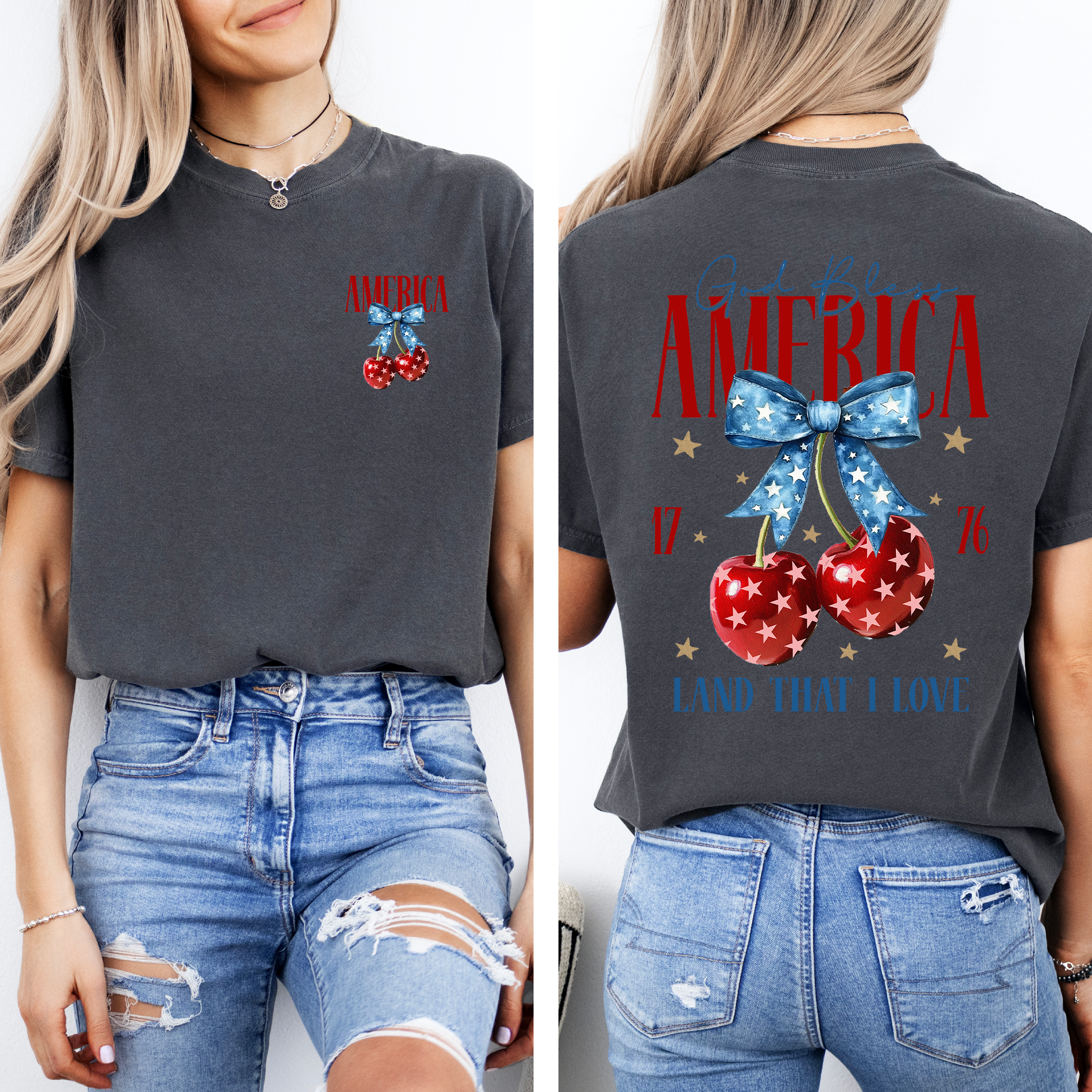 God Bless America Patriotic Cherries USA Fourth Of July Flag Design Comfort Colors Tee