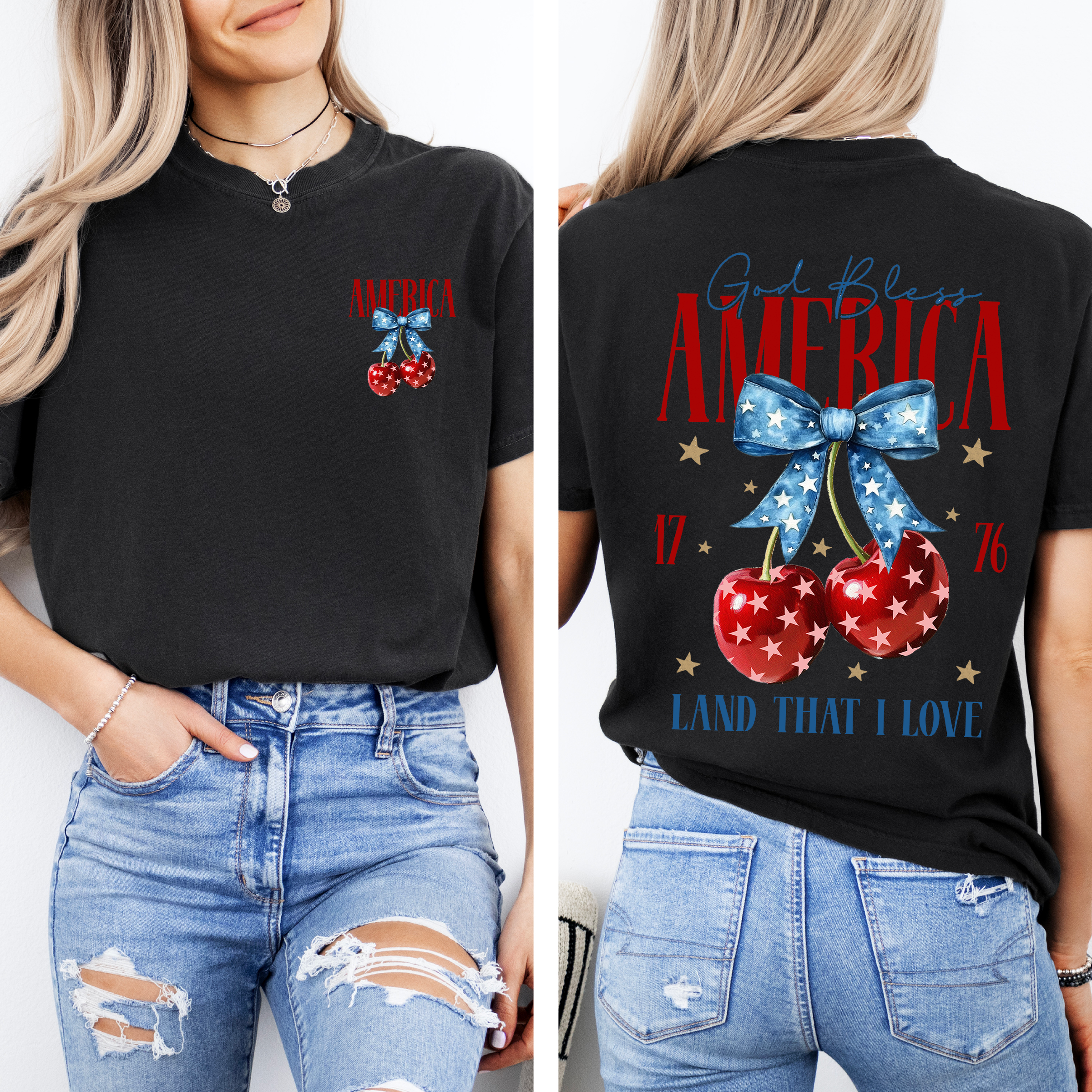 God Bless America Patriotic Cherries USA Fourth Of July Flag Design Comfort Colors Tee