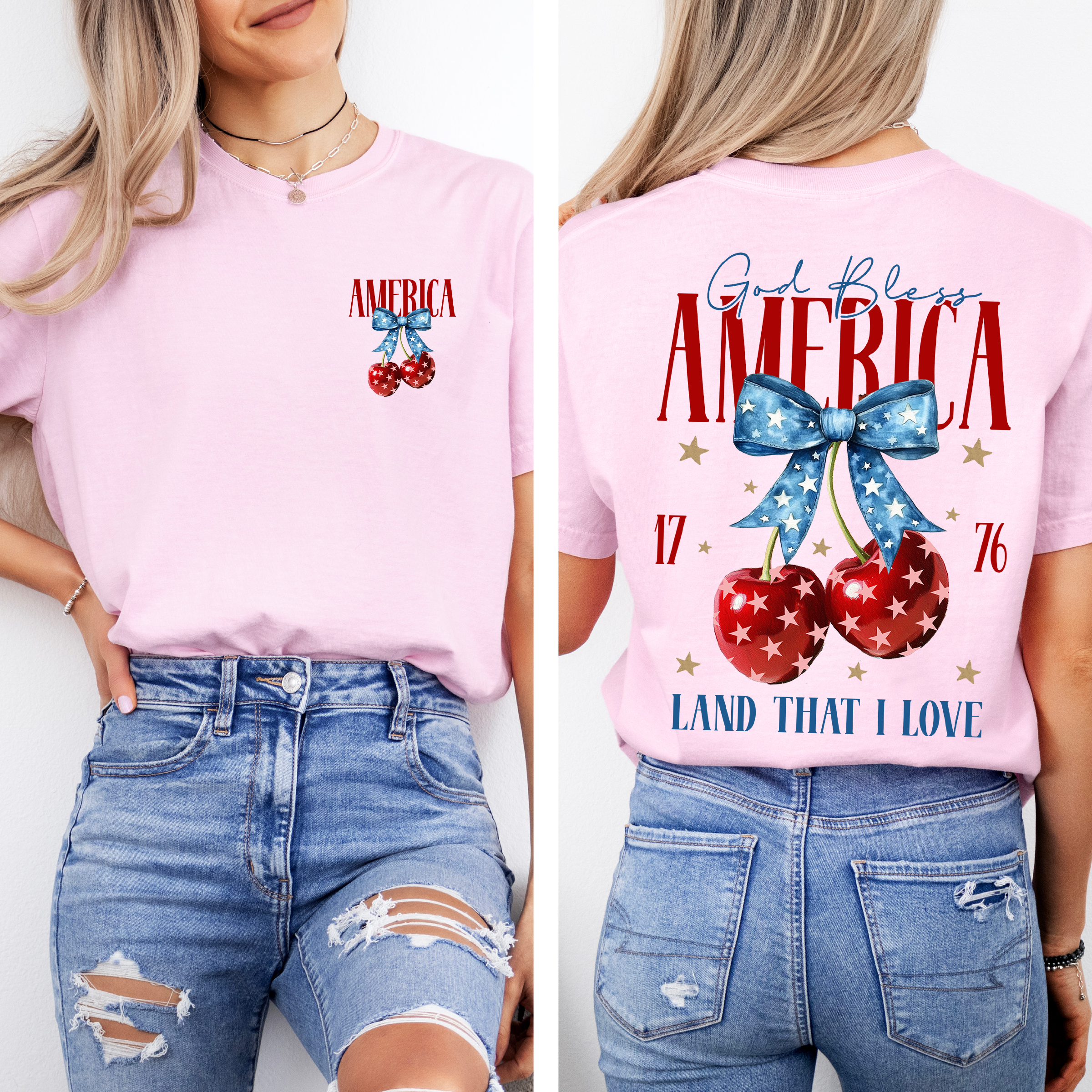 God Bless America Patriotic Cherries USA Fourth Of July Flag Design Comfort Colors Tee