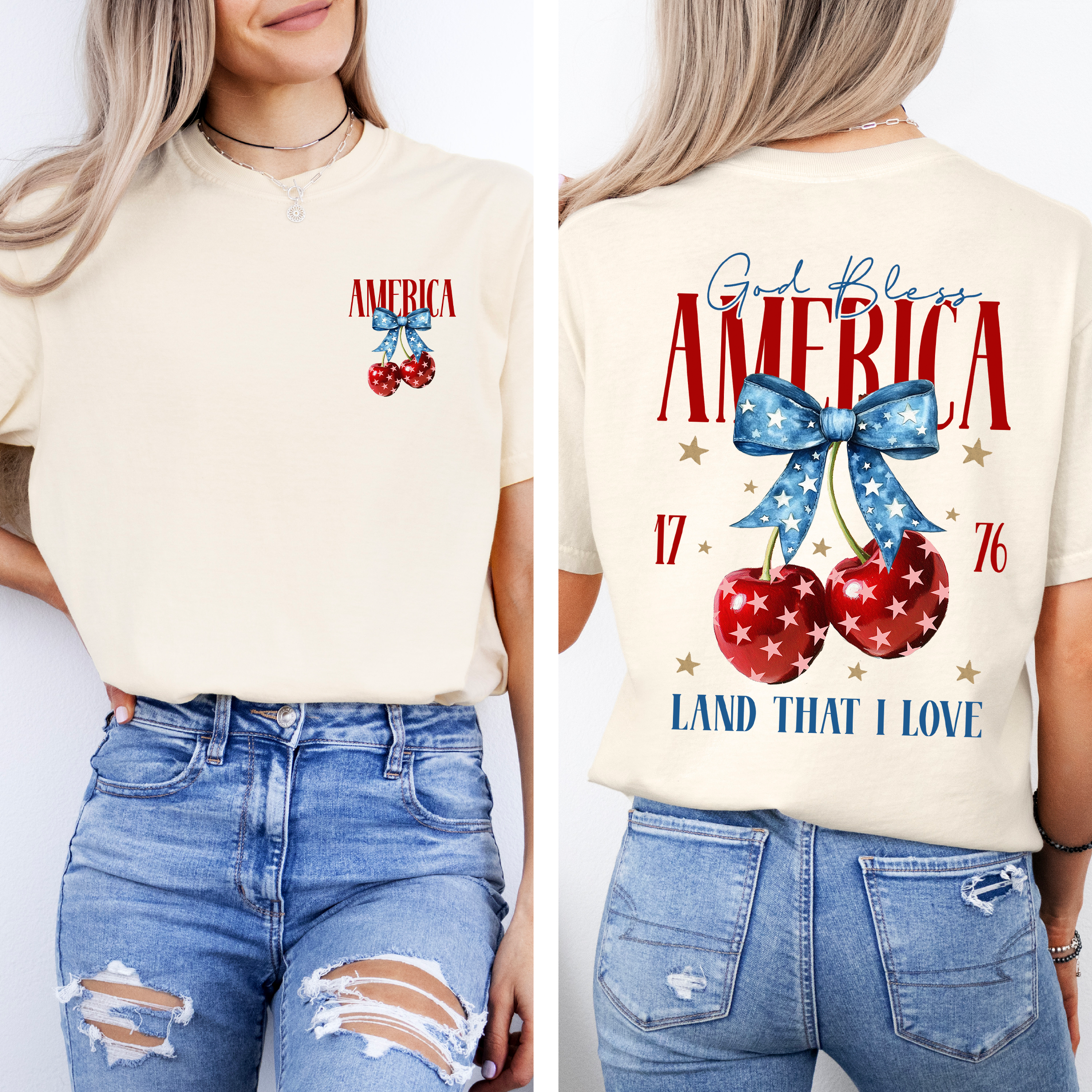 God Bless America Patriotic Cherries USA Fourth Of July Flag Design Comfort Colors Tee