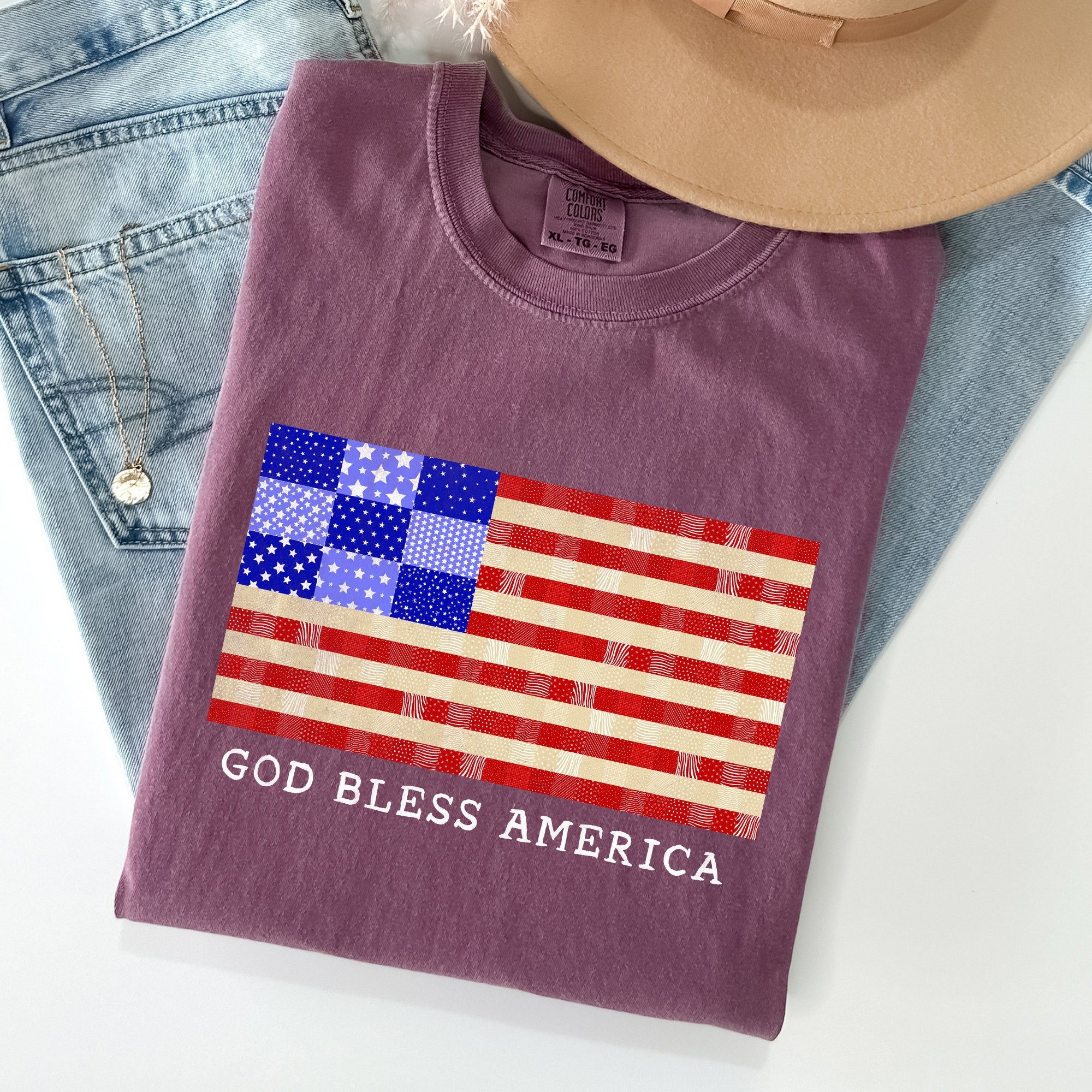 God Bless America Land That I Love USA Flag Patriotic Graphic Comfort Colors Tee