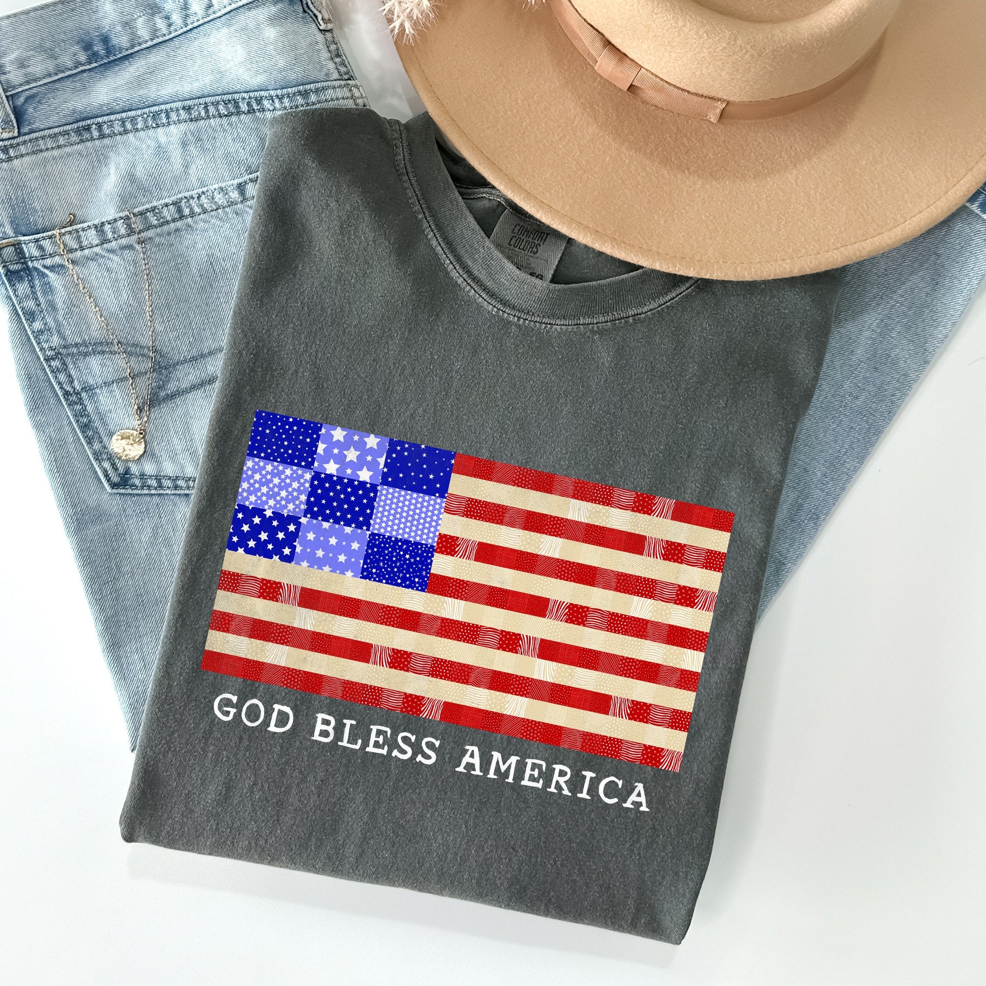 God Bless America Land That I Love USA Flag Patriotic Graphic Comfort Colors Tee