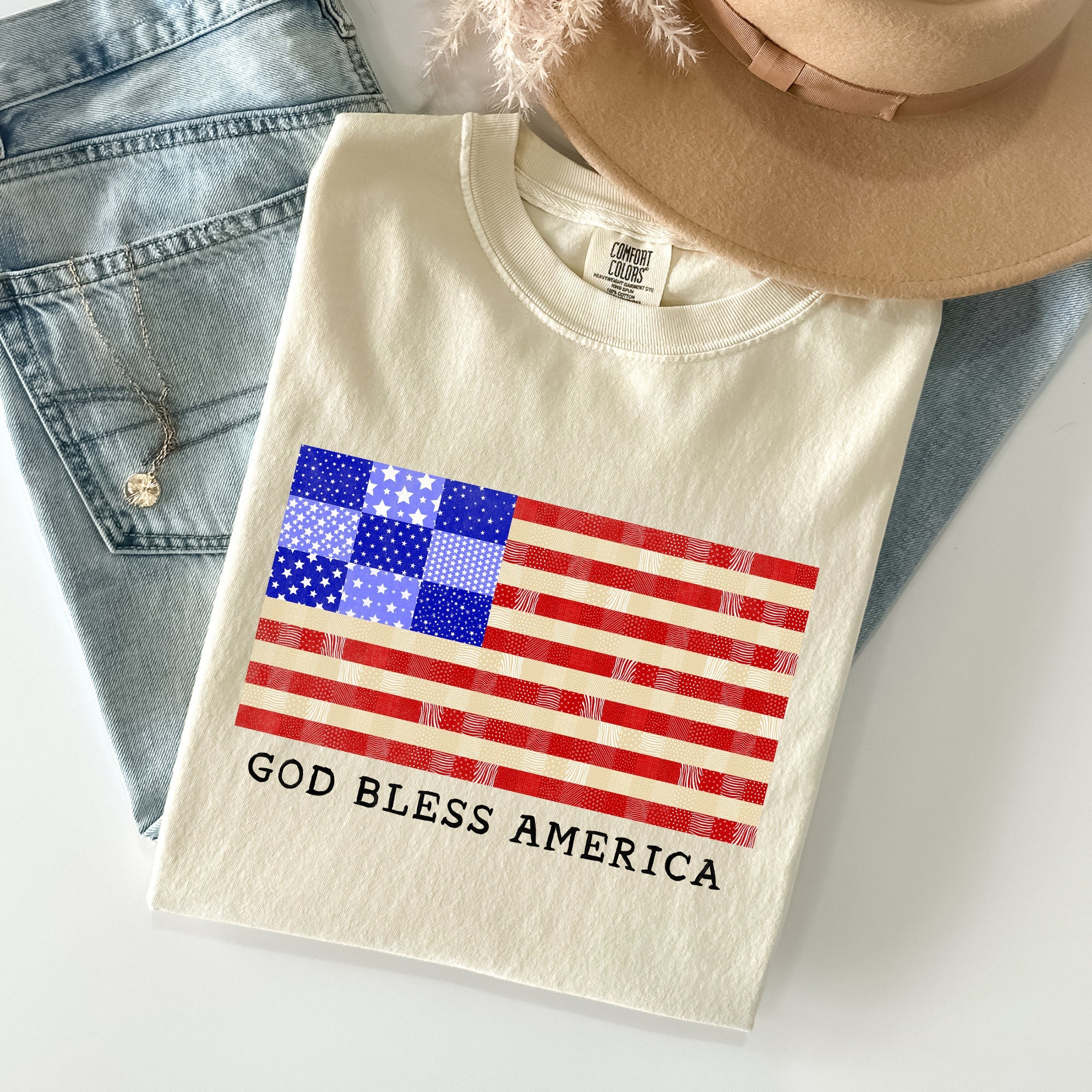 God Bless America Land That I Love USA Flag Patriotic Graphic Comfort Colors Tee