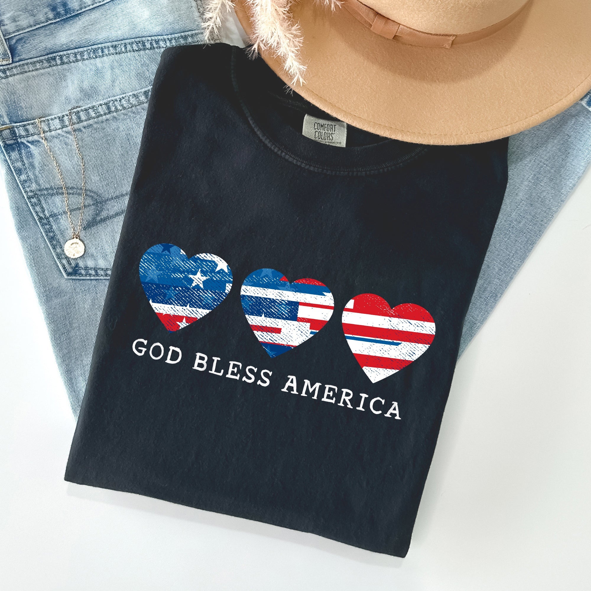 God Bless America Retro Hearts Vintage Americana Pride Heritage Edition Comfort Colors Tee