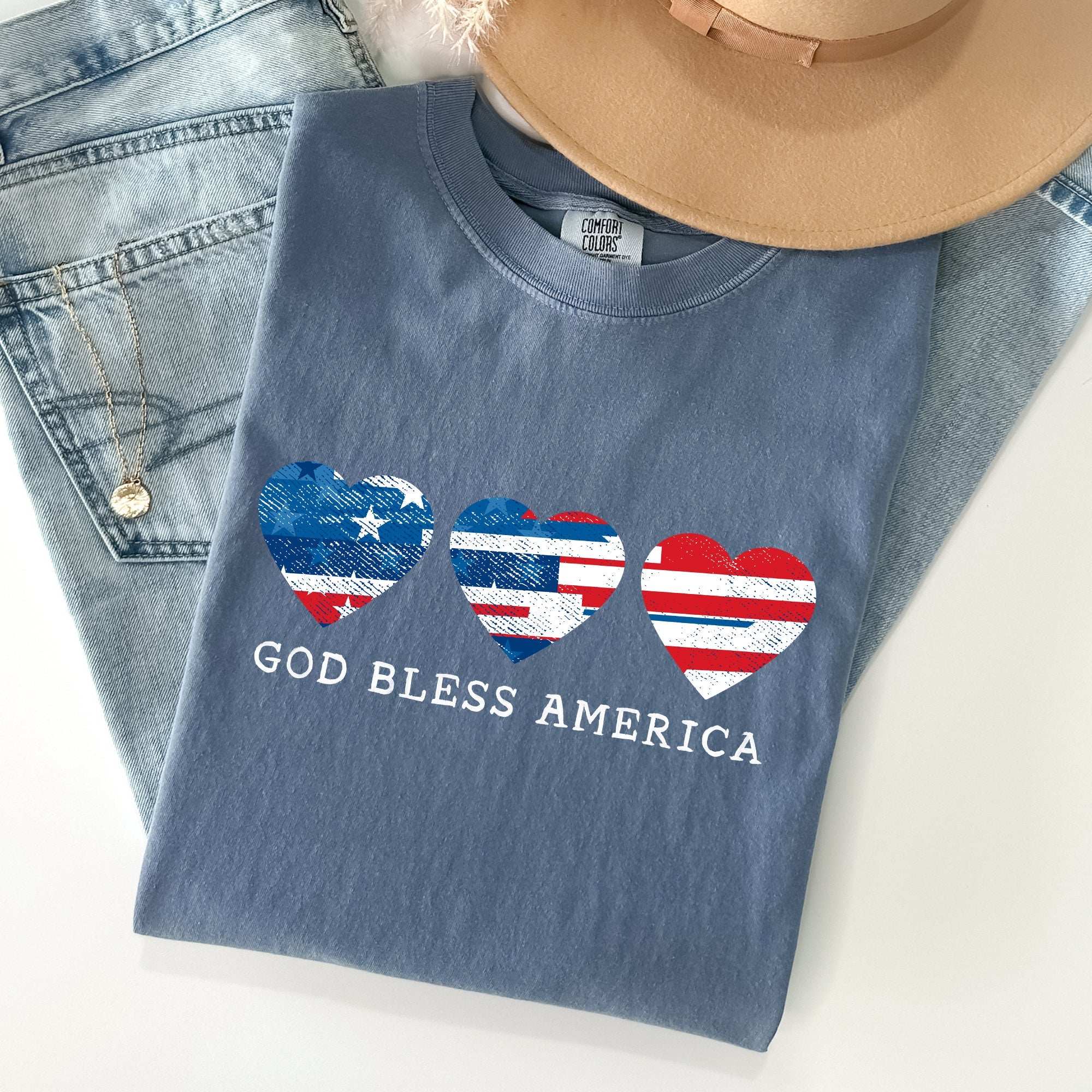 God Bless America Retro Hearts Vintage Americana Pride Heritage Edition Comfort Colors Tee