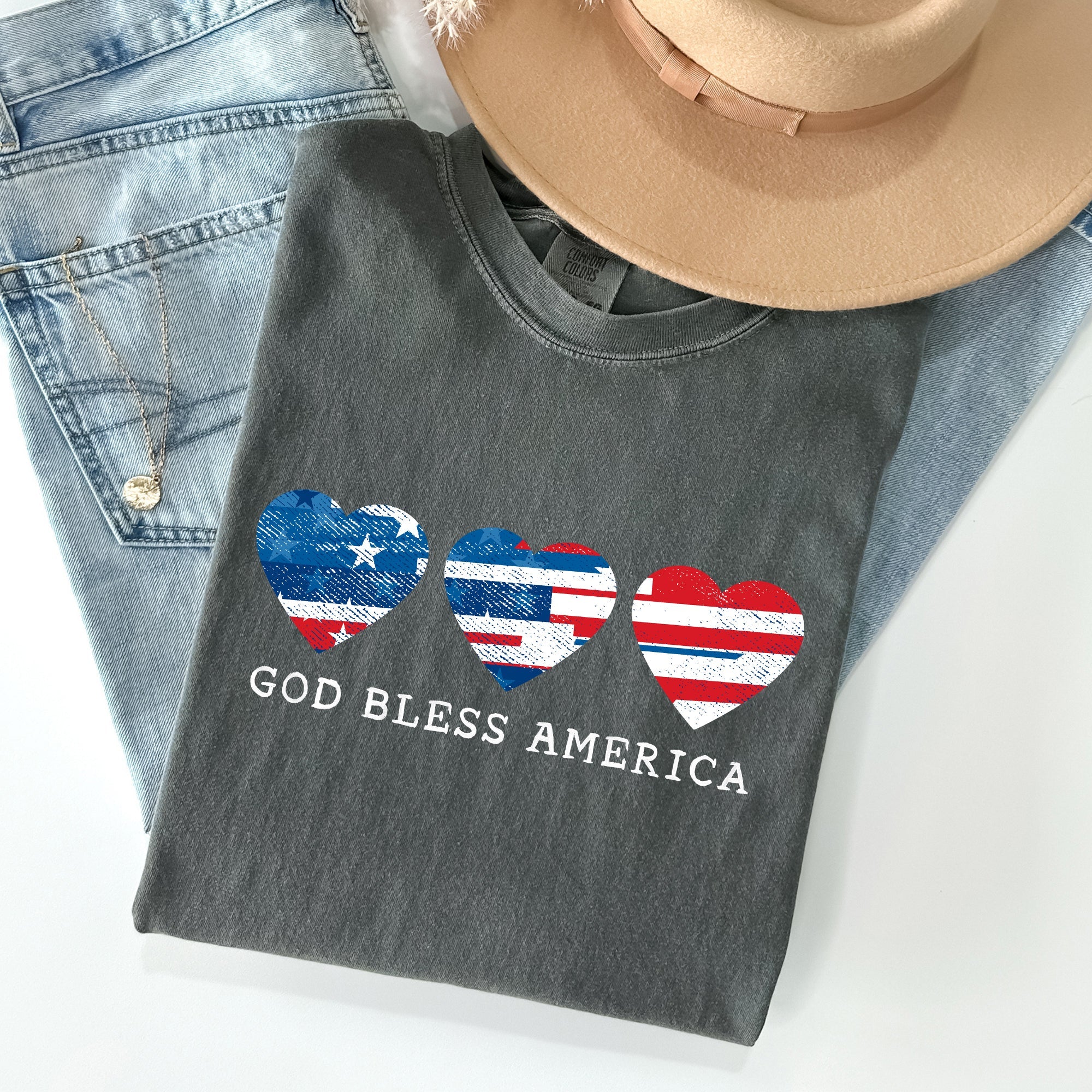 God Bless America Retro Hearts Vintage Americana Pride Heritage Edition Comfort Colors Tee