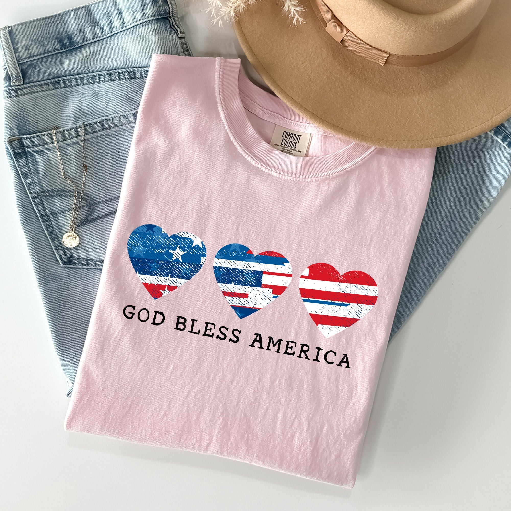 God Bless America Retro Hearts Vintage Americana Pride Heritage Edition Comfort Colors Tee