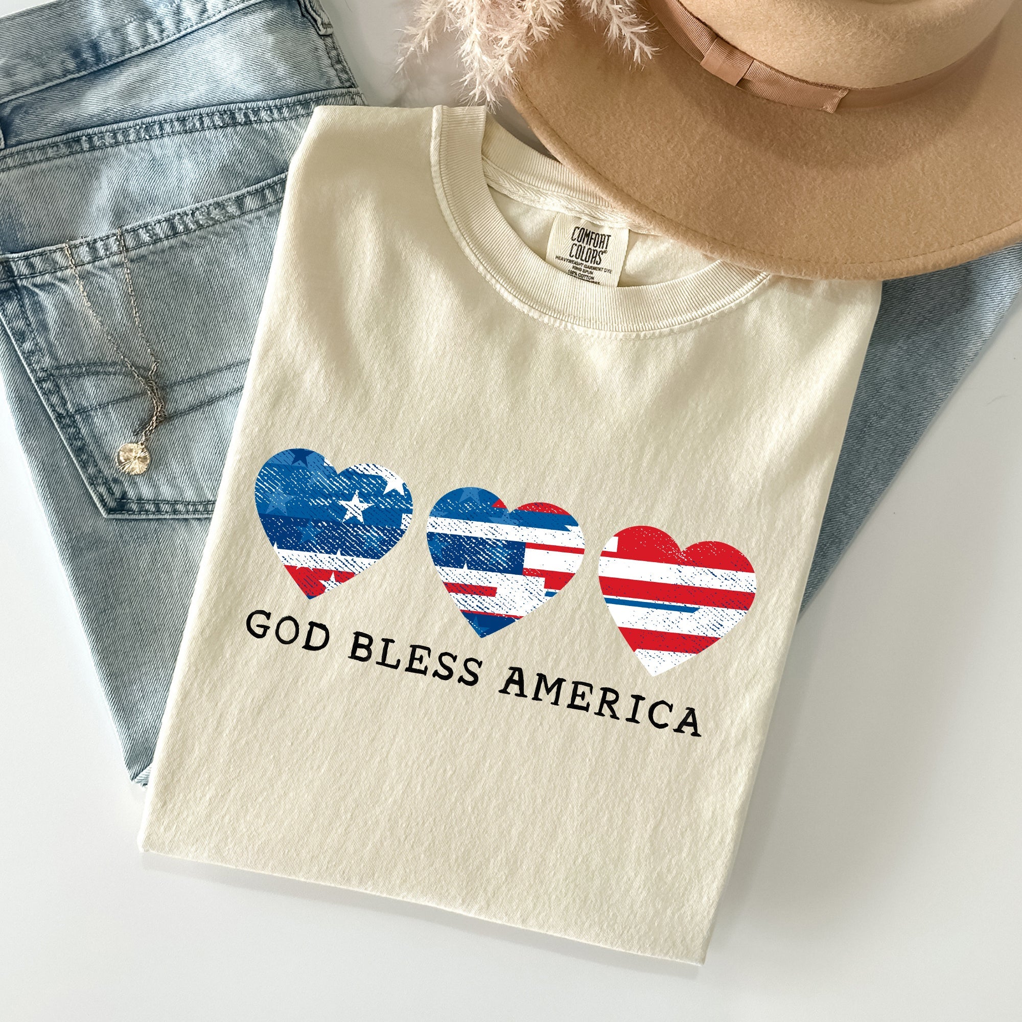 God Bless America Retro Hearts Vintage Americana Pride Heritage Edition Comfort Colors Tee