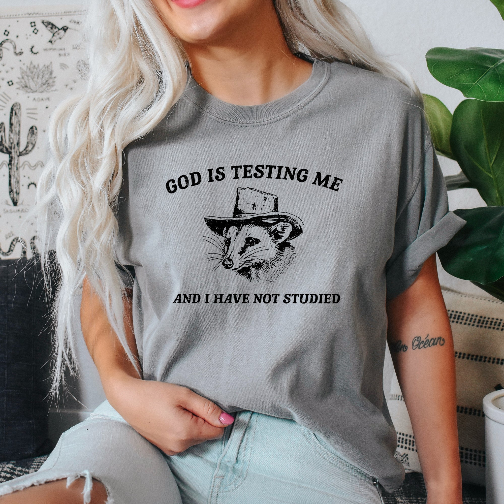 God Is Testing Me Possum Meme Laughing Through Adversity Quirky Animal Humor Edition Comfort Colors Tee