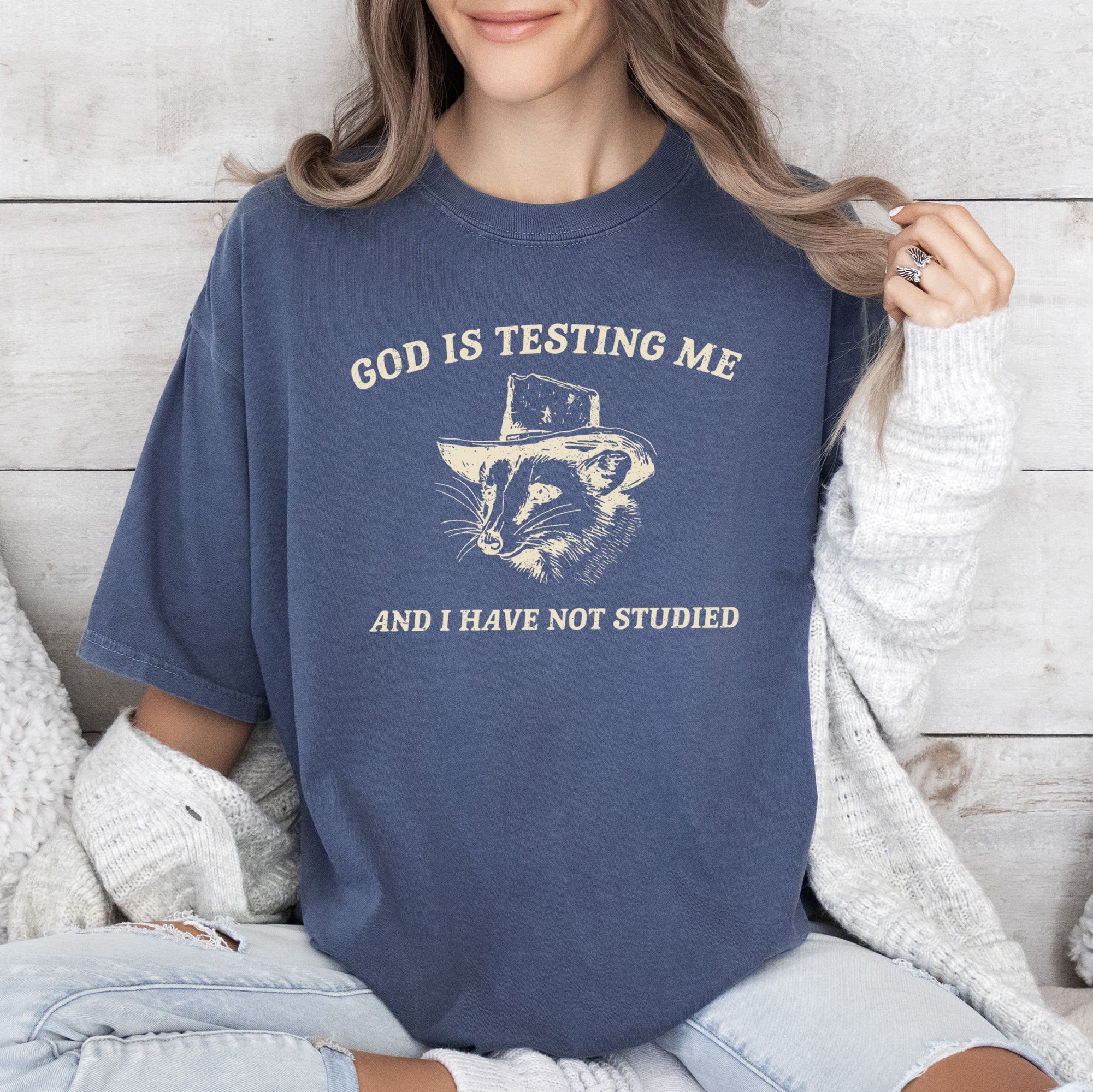 God Is Testing Me Possum Meme Laughing Through Adversity Quirky Animal Humor Edition Comfort Colors Tee