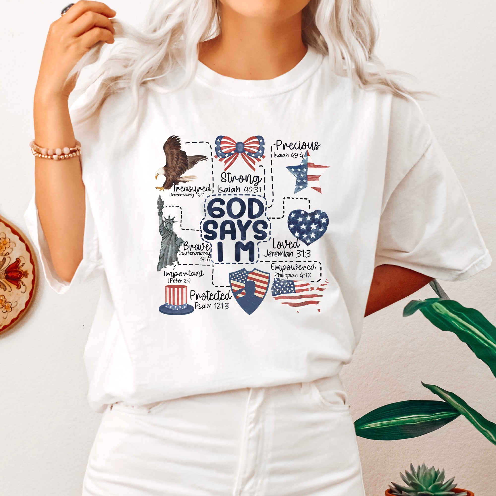 God Says I Am Patriotic Protected Strong Powerful Brave Bold Courageous Faithful Comfort Colors Tee