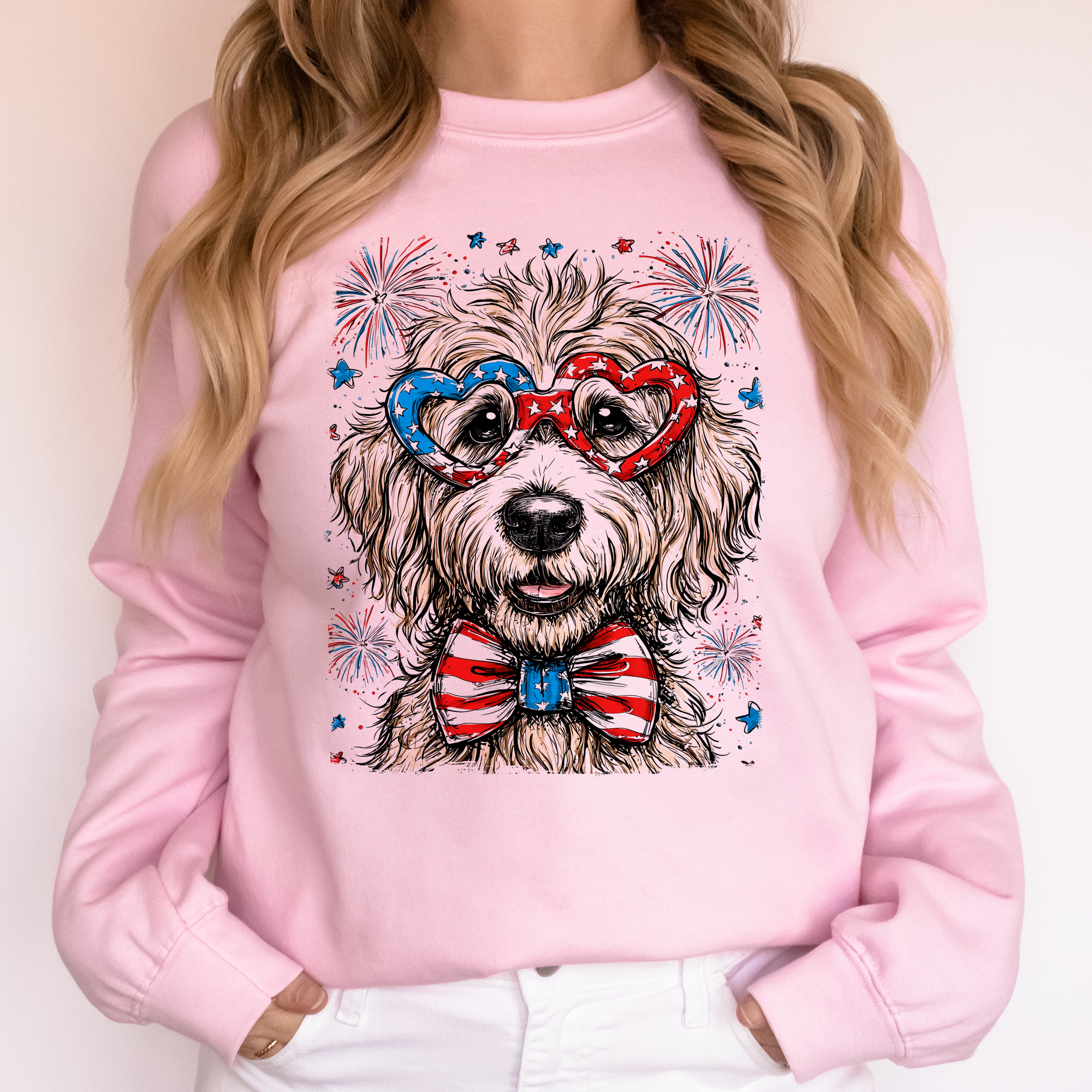 Goldendoodle Patriotic Dog American Flag With Fireworks And Stars Design Sweatshirt