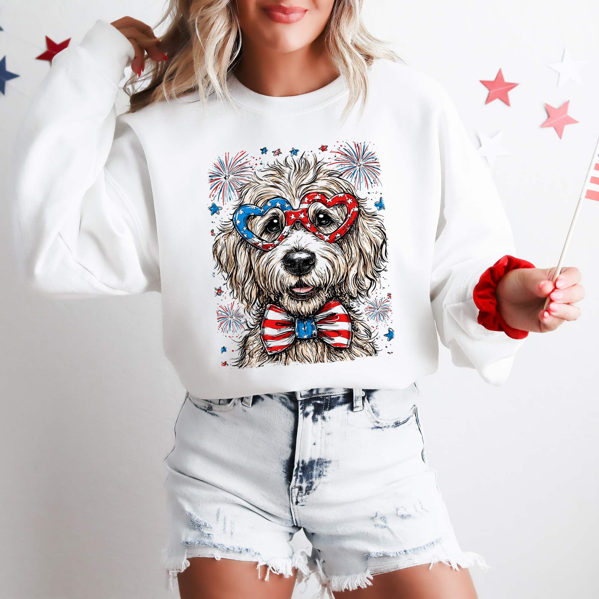 Goldendoodle Patriotic Dog American Flag With Fireworks And Stars Design Sweatshirt