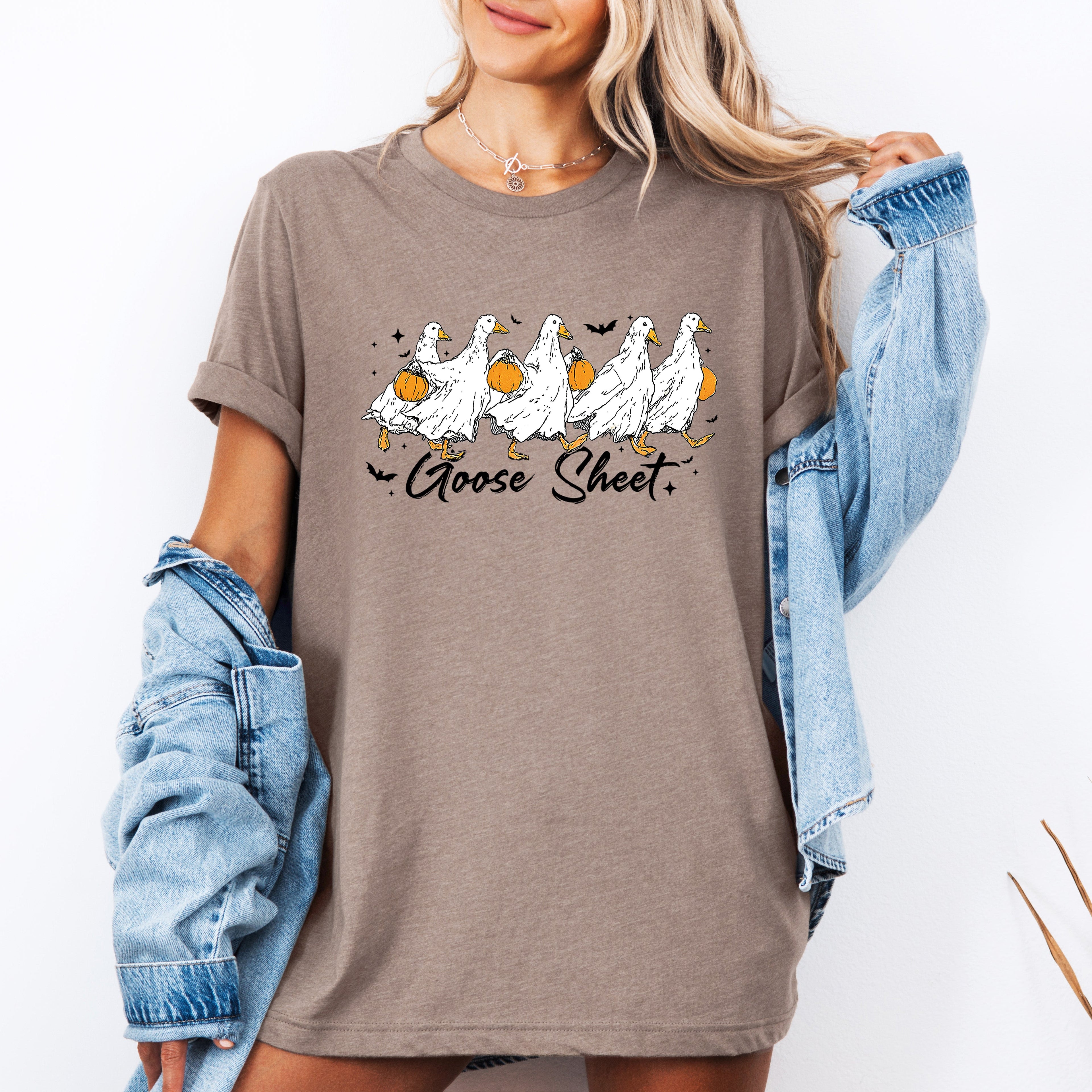 Goose Sheet Halloween Trick Or Treat Scene With Whimsical Ghosts And Harvest Moon Graphic Tee