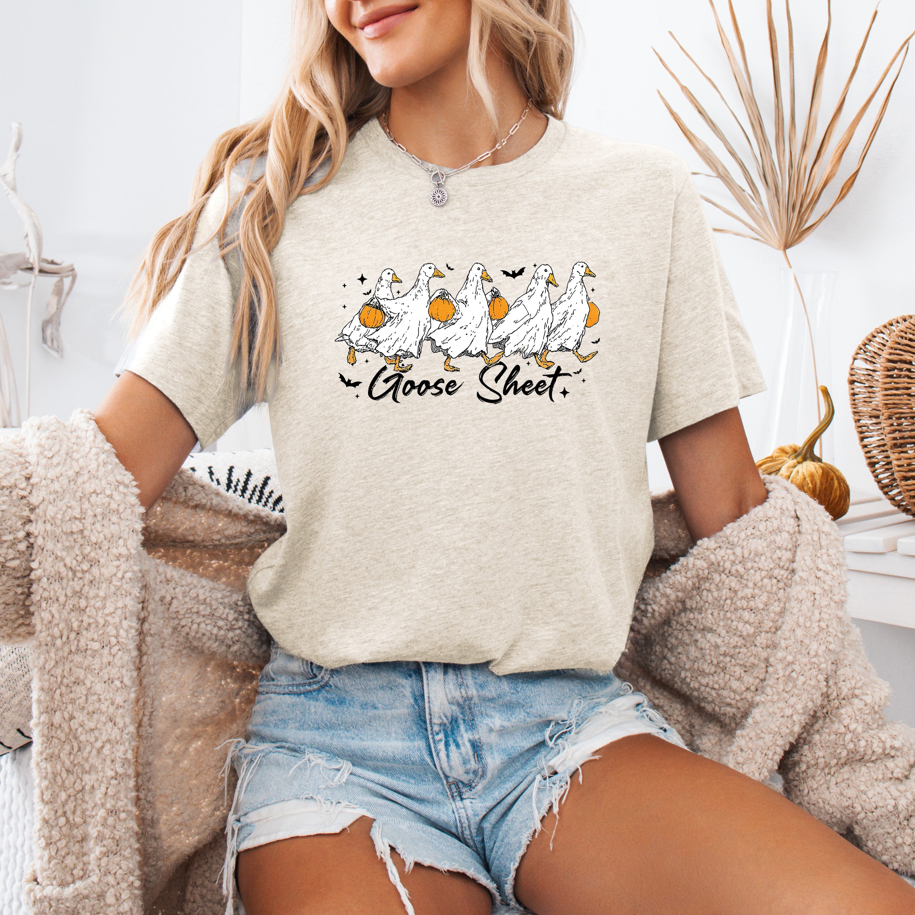 Goose Sheet Halloween Trick Or Treat Scene With Whimsical Ghosts And Harvest Moon Graphic Tee
