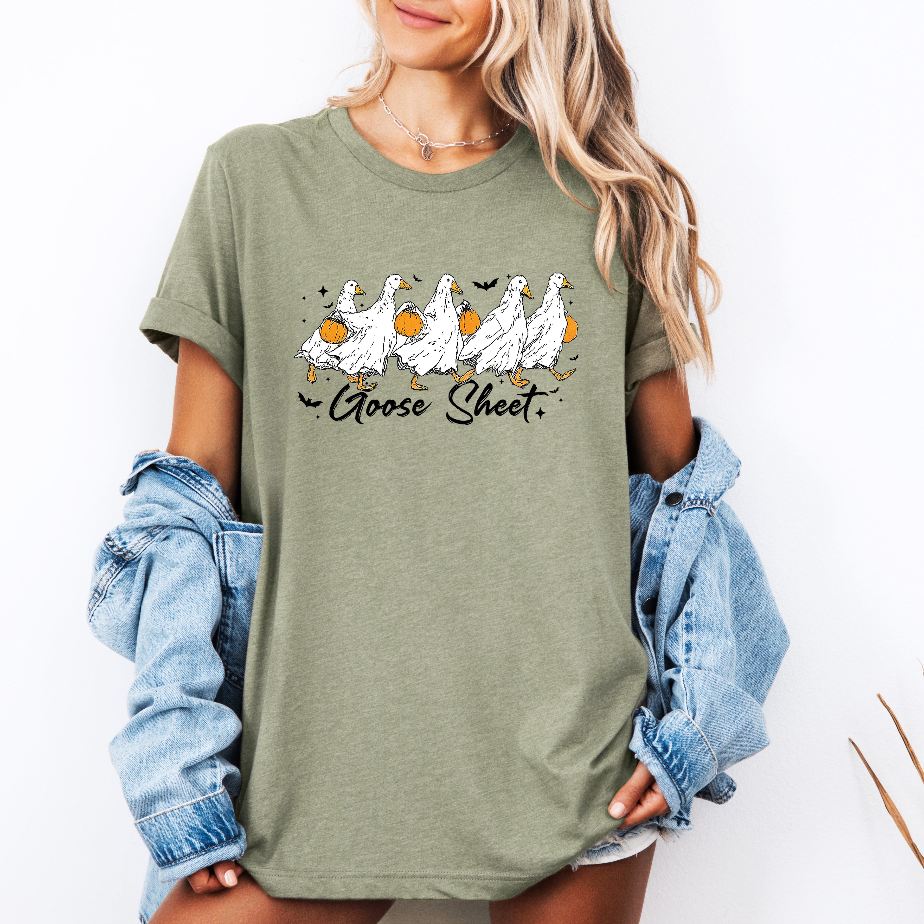 Goose Sheet Halloween Trick Or Treat Scene With Whimsical Ghosts And Harvest Moon Graphic Tee