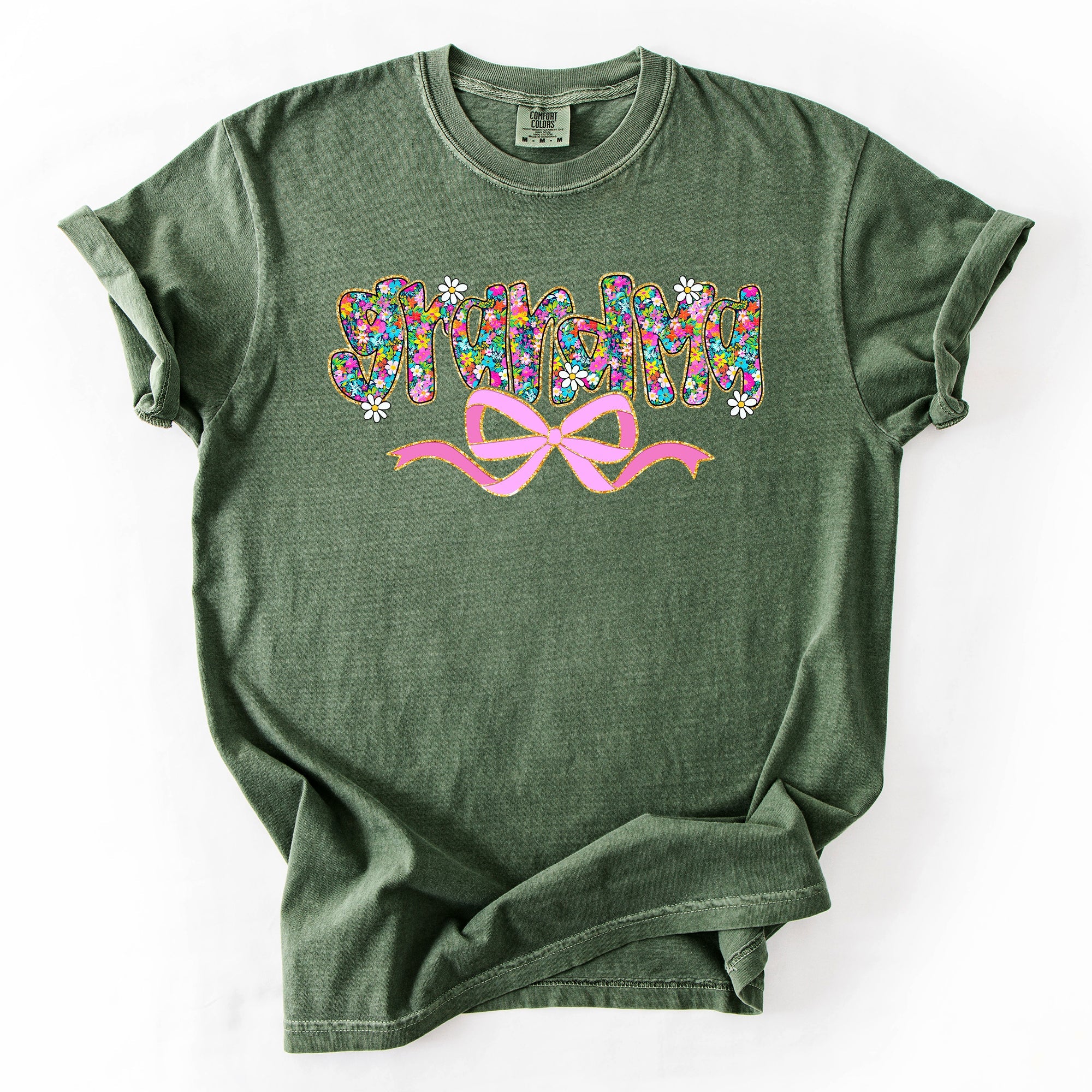 Grandma Mother's Day Ribbon Bow Floral Pastel Colorful Blossom Celebration Comfort Colors Tee