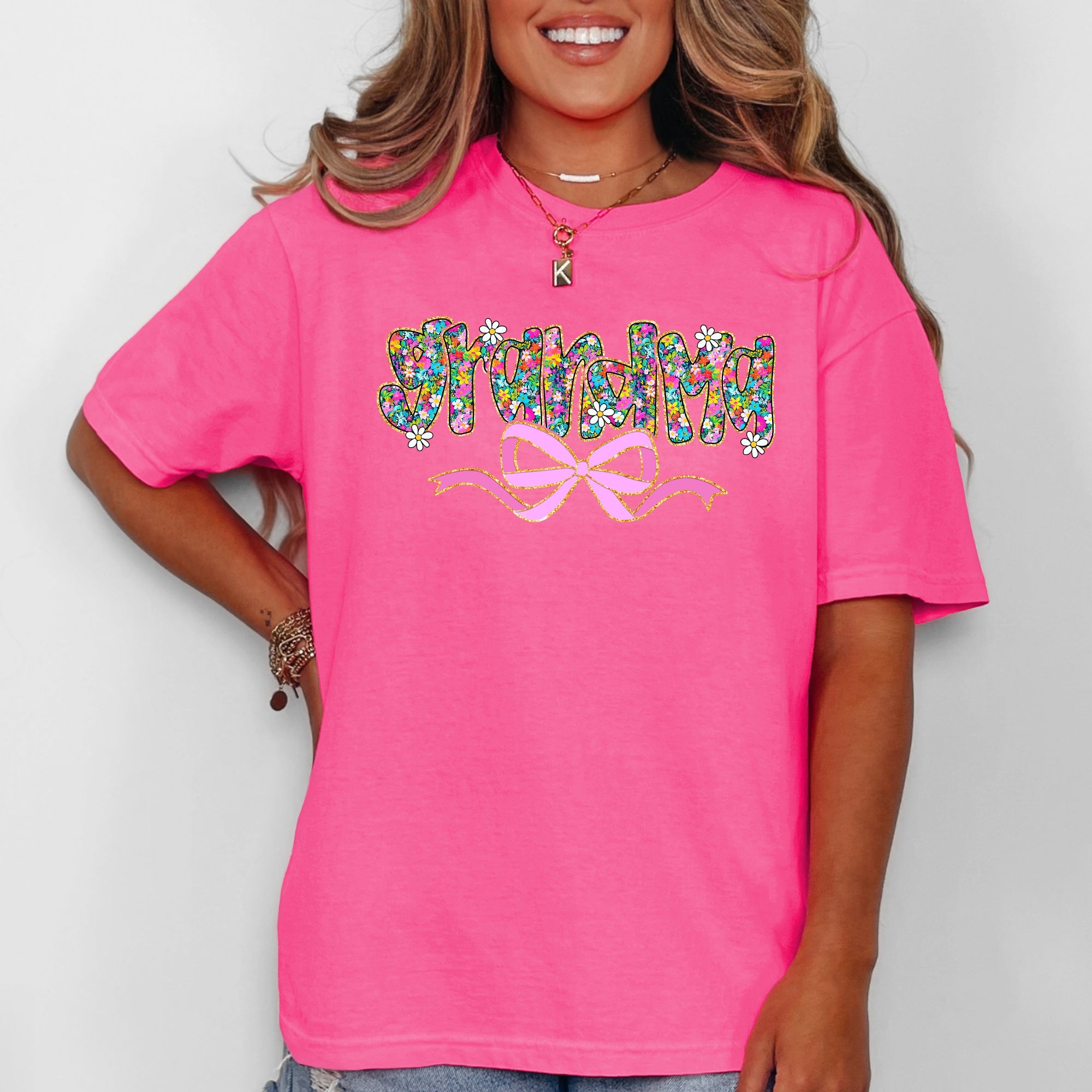 Grandma Mother's Day Ribbon Bow Floral Pastel Colorful Blossom Celebration Comfort Colors Tee
