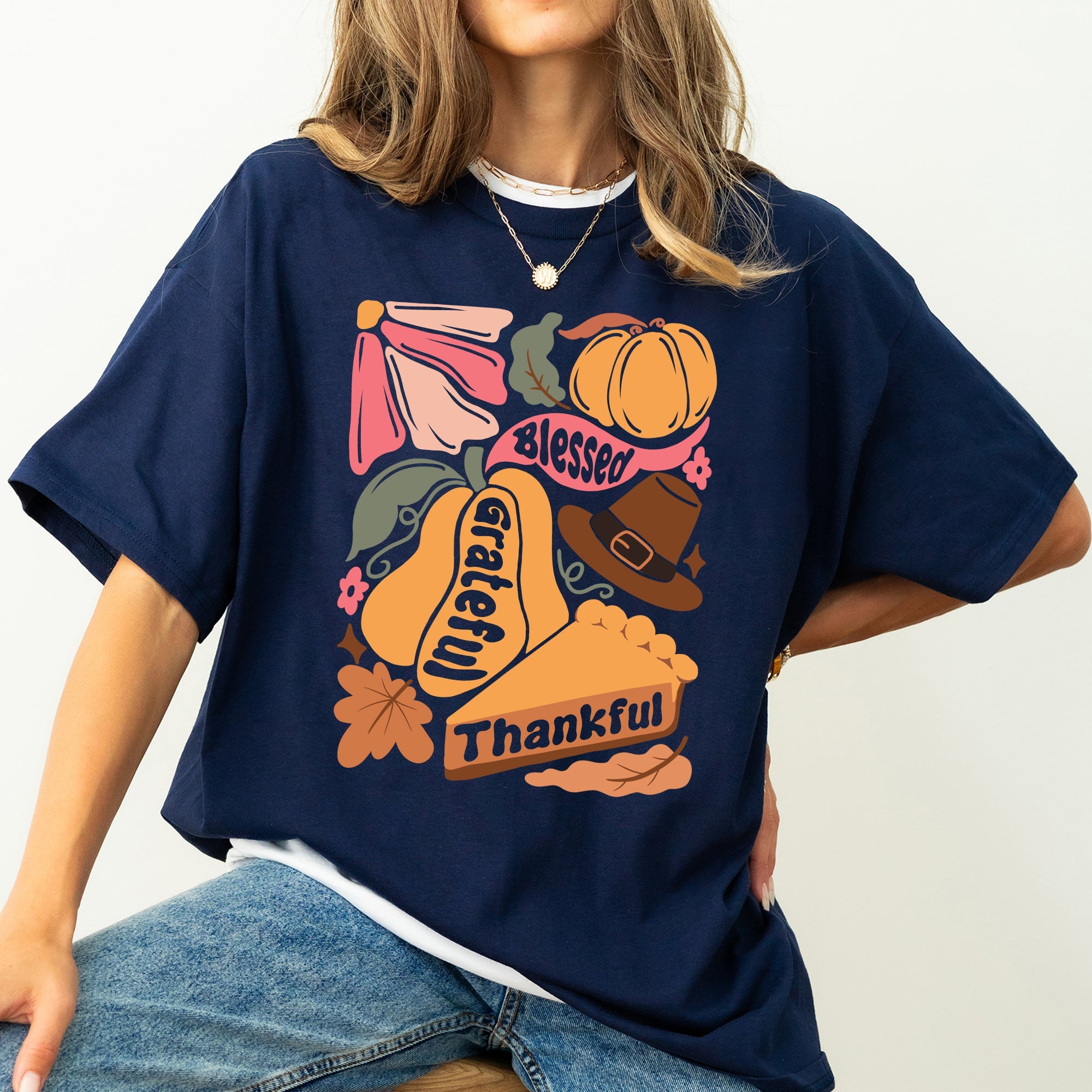 Grateful Thankful Blessed Autumn Thanksgiving Flowers Pumpkins Pilgrims Comfort Colors Tee