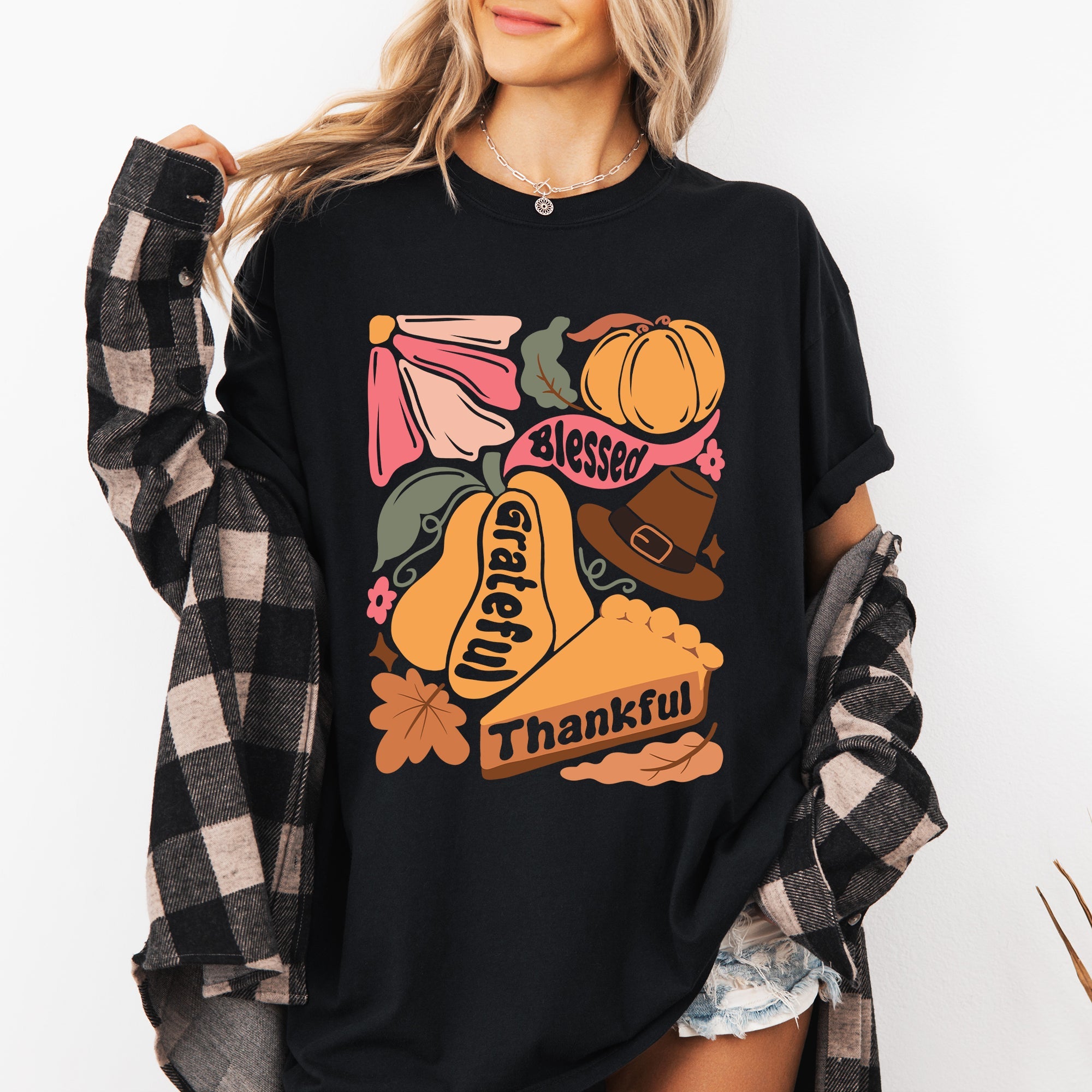 Grateful Thankful Blessed Autumn Thanksgiving Flowers Pumpkins Pilgrims Comfort Colors Tee