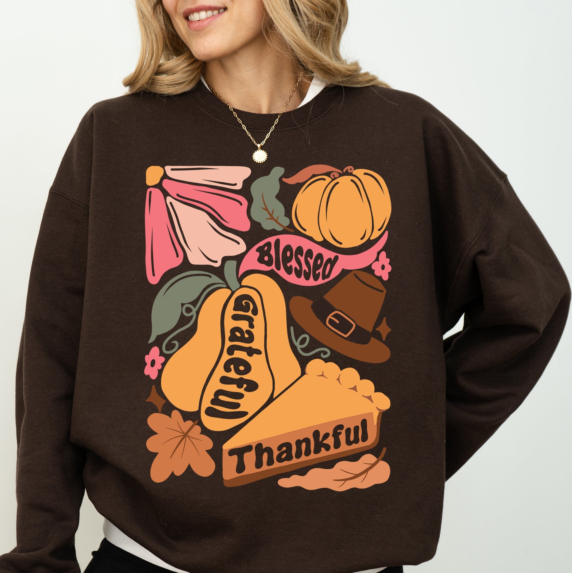 Grateful Thankful Blessed Autumn Thanksgiving Flowers Pumpkins Pilgrims Sweatshirt
