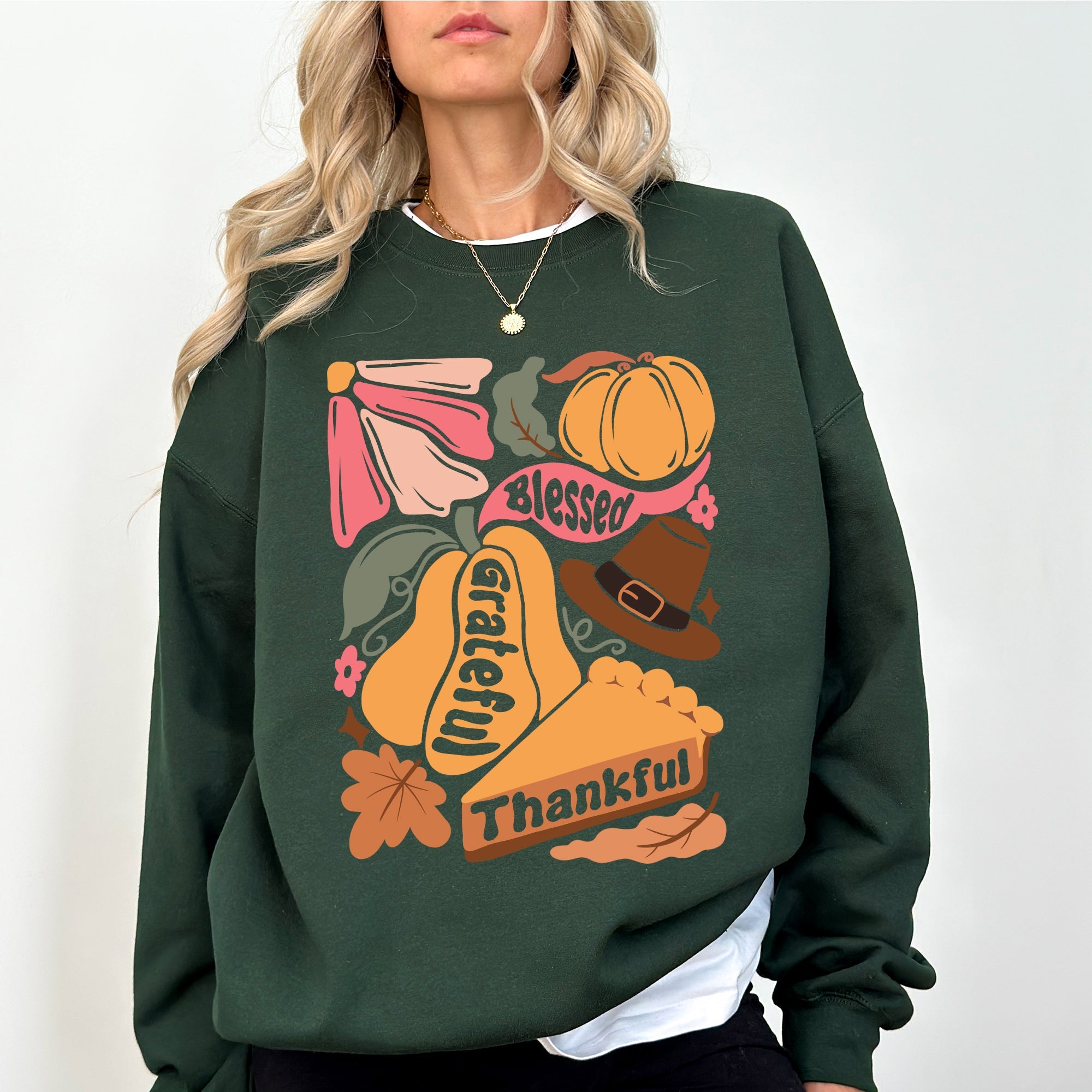 Grateful Thankful Blessed Autumn Thanksgiving Flowers Pumpkins Pilgrims Sweatshirt