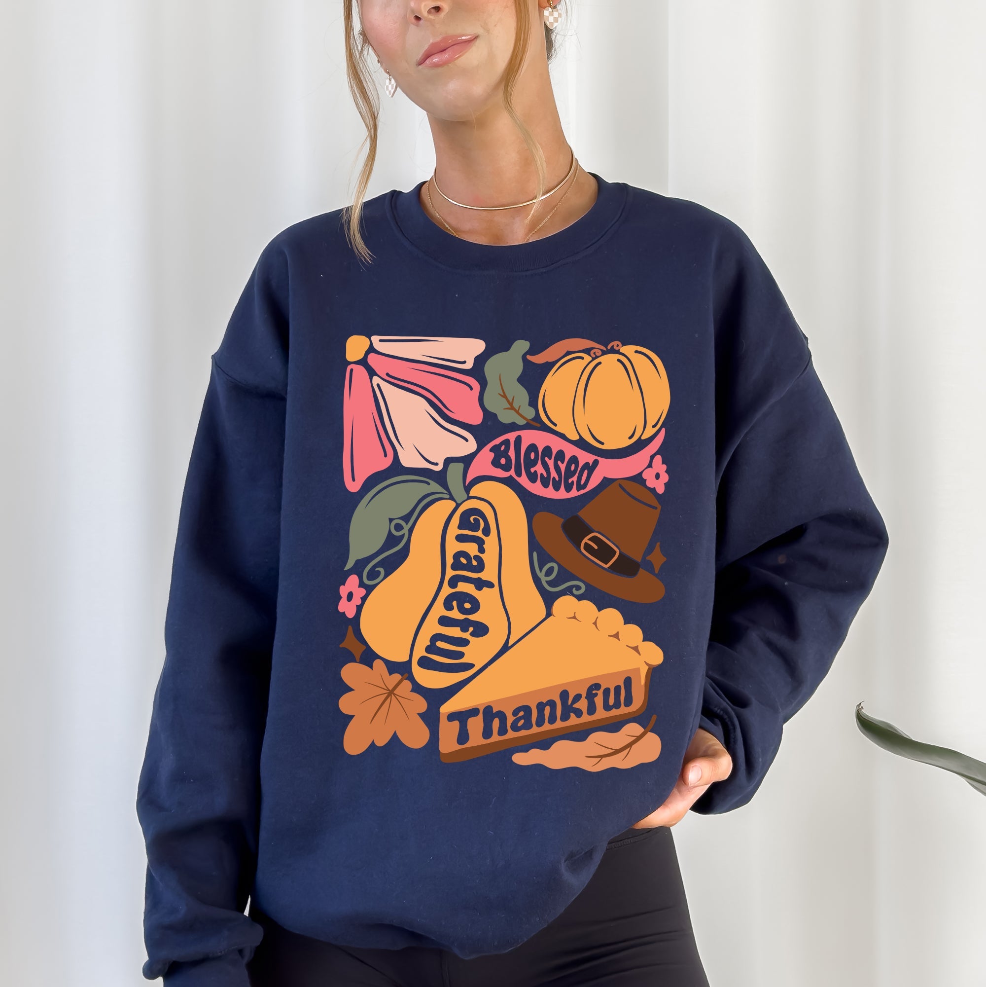 Grateful Thankful Blessed Autumn Thanksgiving Flowers Pumpkins Pilgrims Sweatshirt