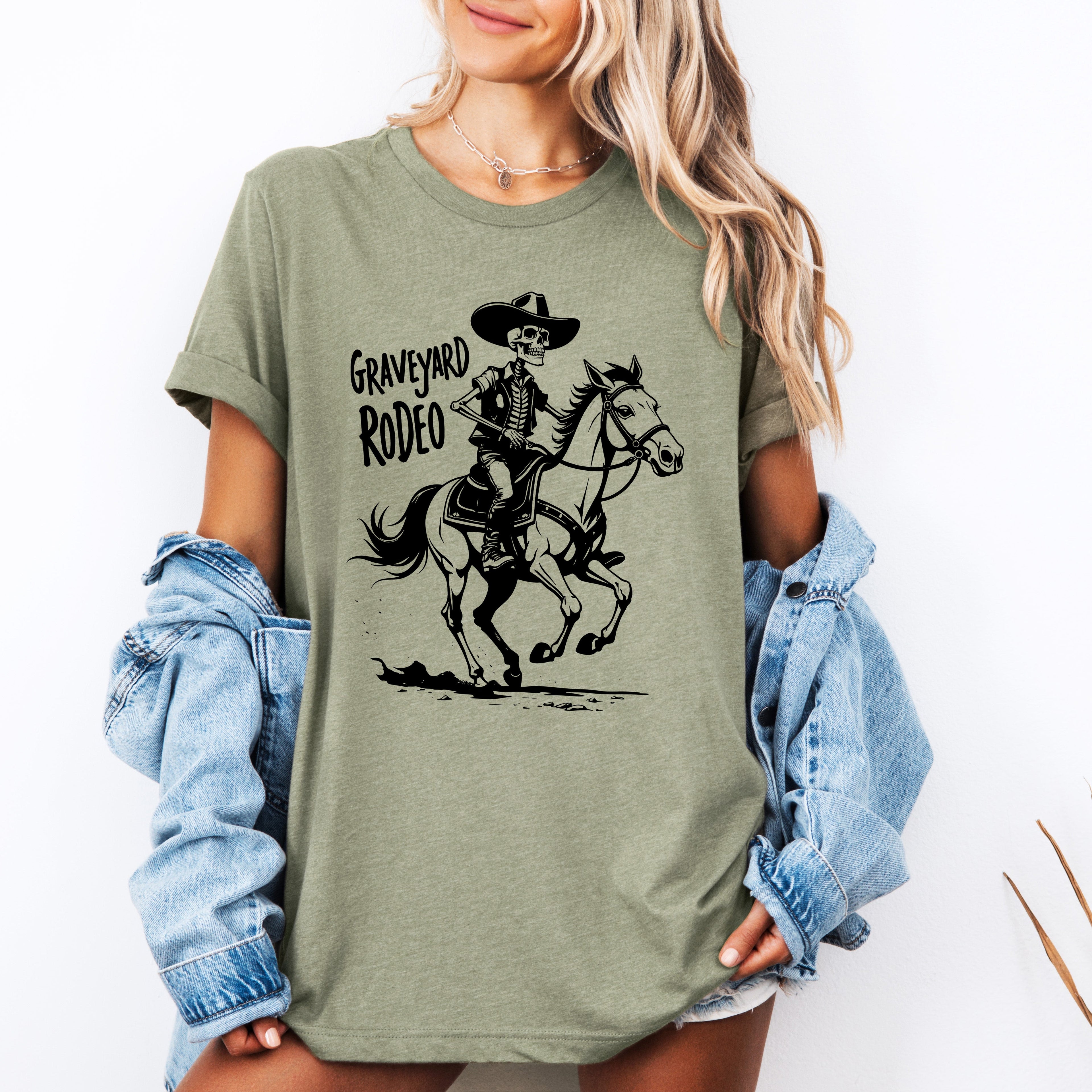 Graveyard Rodeo Cowboy Skeleton Cauldron Moonlit Night Parade Haunting Western Style Illustration Graphic Tee